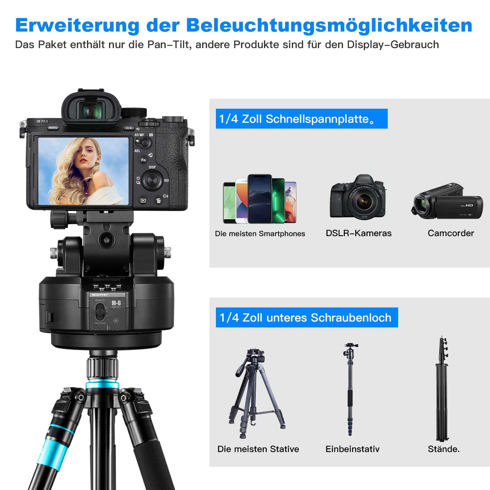 Soonpho M6 Testa motorizzata Supporto Elettrico a 360°,con morsetto per Telefono e Telecomando wireless AI Face Tracking, riconoscimento dei gesti AB a due punti per DSLR, treppiede, telefono