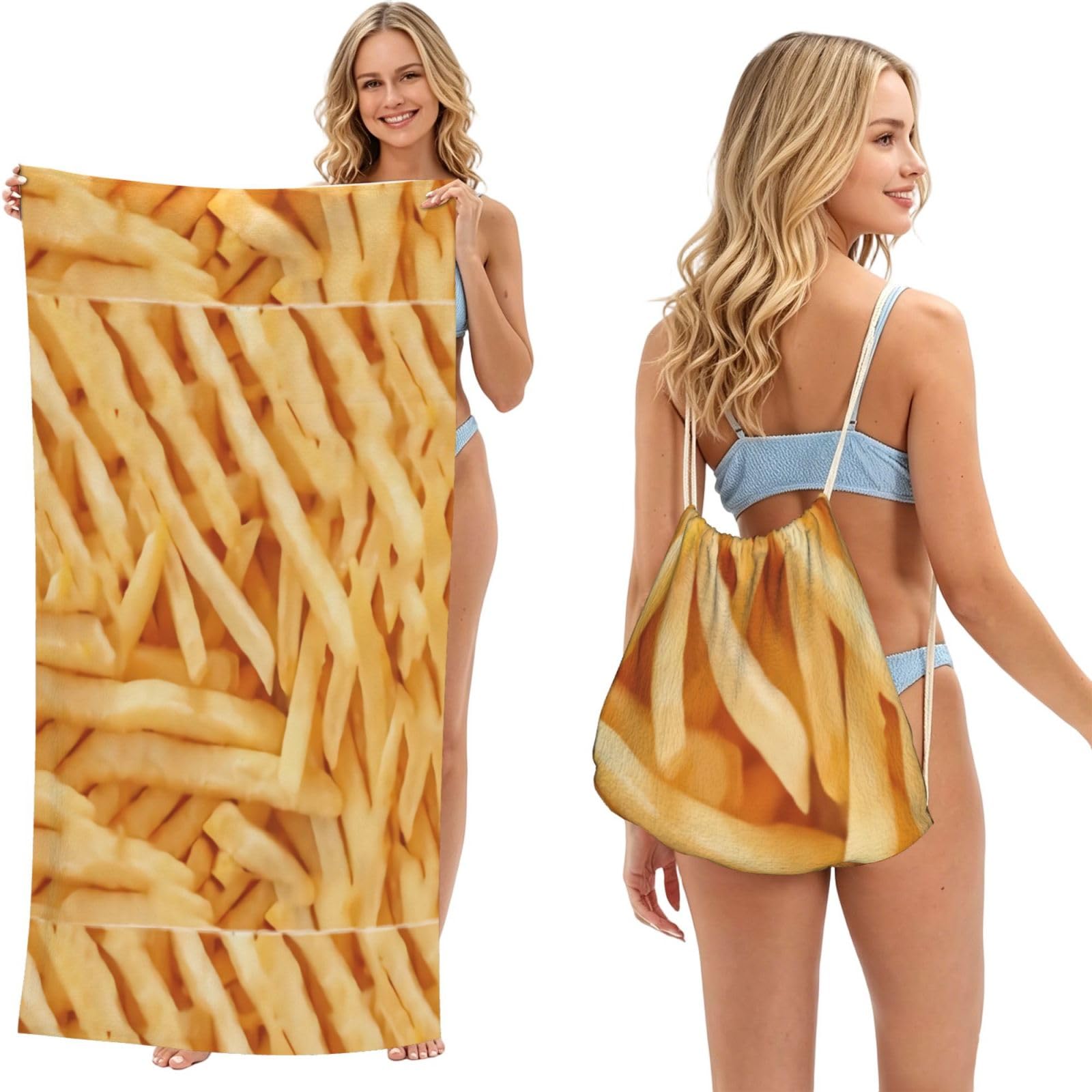 Poadnly As Picture French Fries, 2 In 1 Packable Towel Bag, Beach Towels With Drawstring Backpack For Travel Holiday Camping