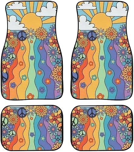 Alfombrillas de coche de los años 70, diseño retro de sol y flores, estampado vintage hippie floral para alfombras, tapetes para autos, accesorios