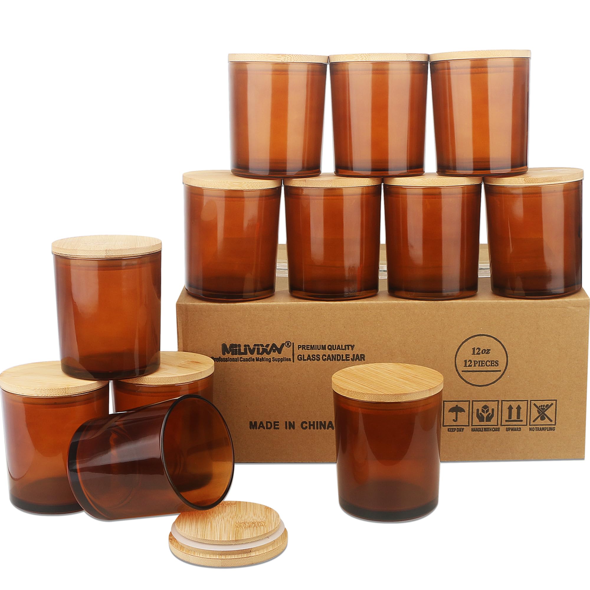 MILIVIXAY 12Pack 12 OZ Amber Thick Glass Candle Jars with Lids - Bulk Empty Candle Jar for Making Candles - Spice, Powder Containers.