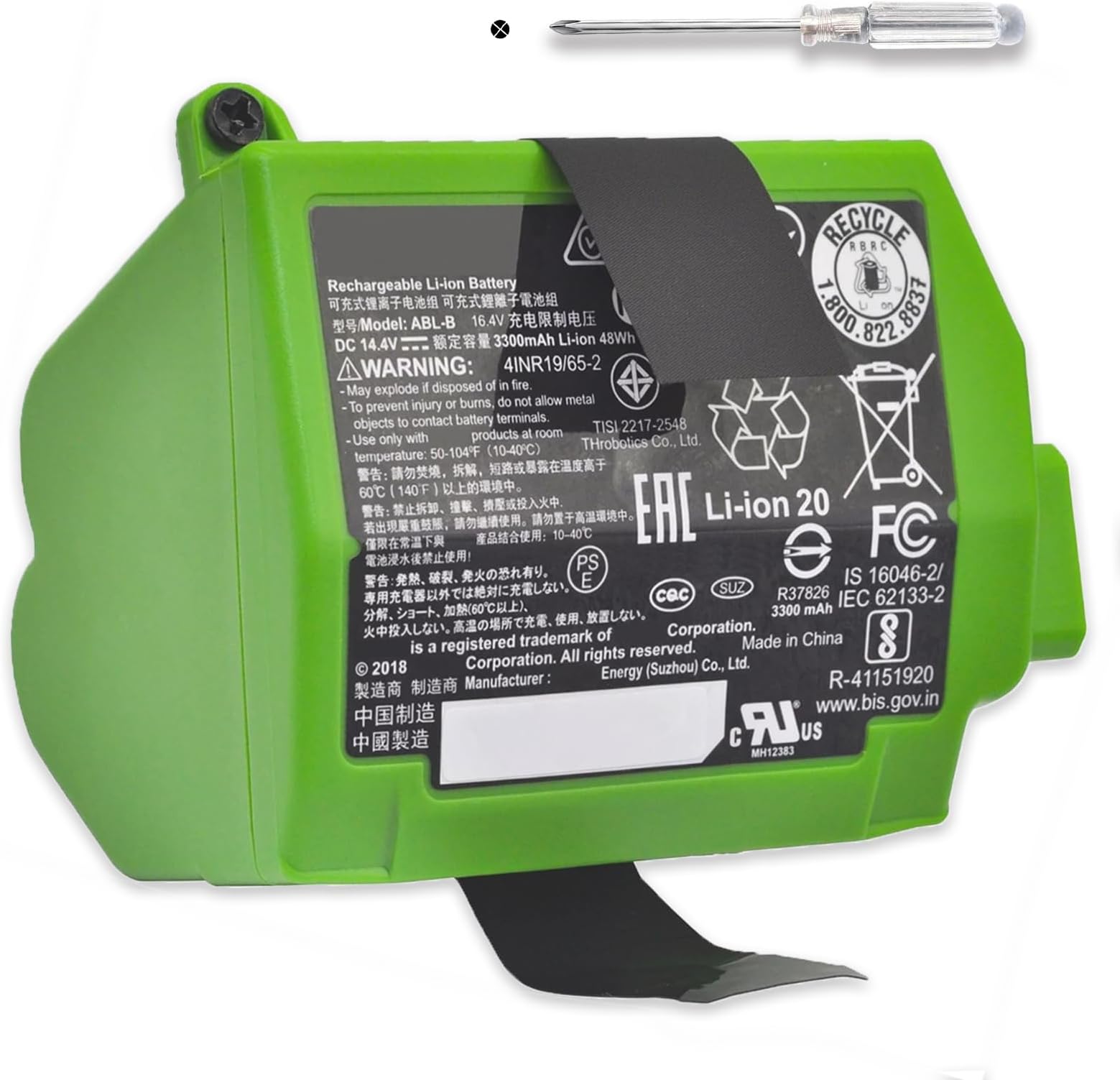 ASODI ABL-B 4INR19/65-2 Sweeper Rechargeable Li-ion Battery Compatible with iRobot Roomba S9 9150 + S9+ 9550 Robot Vacuum Series 14.4V 3300mAh 48Wh