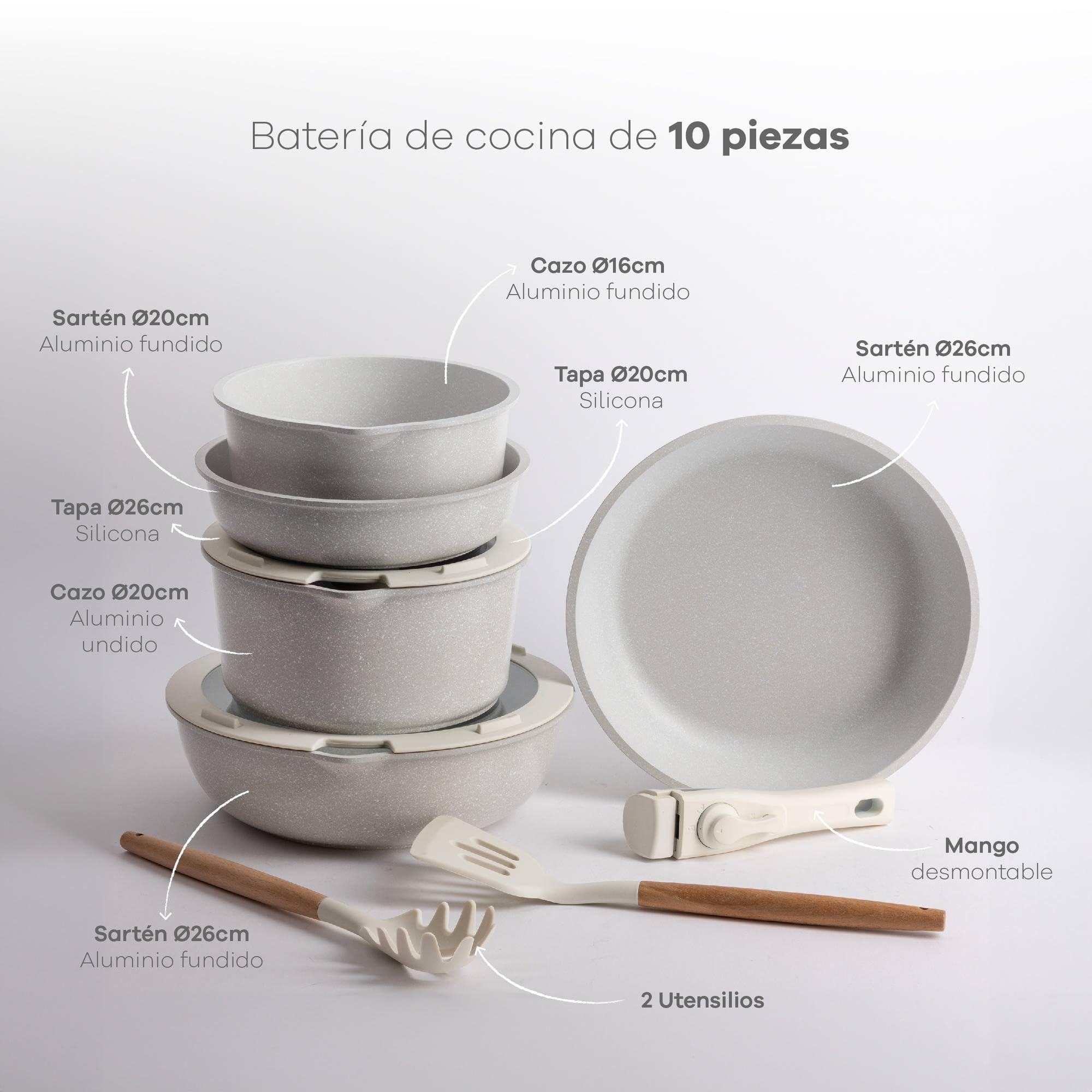 Kochgeschirr-Set, 10-teilig, Beige/abnehmbarer Griff, 3 Pfannen, 2 Töpfe, Deckel und Utensilien + 3-teiliges Küchenhelfer-Set aus Silikon und Holz