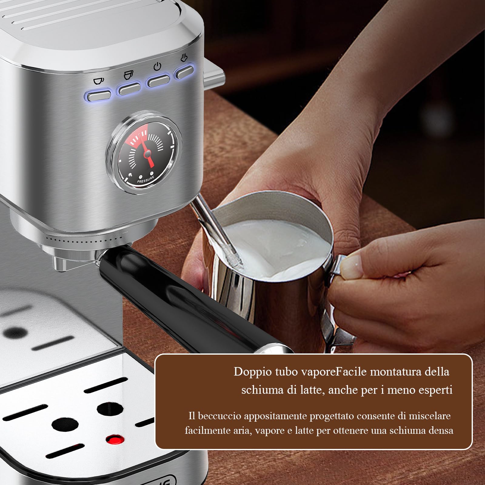 KOTLIE CM5080 Macchina per Espresso, Macchine per Cappuccino Con Montalatte e Manometro Visivo,20 Bar,1350 W,1 L Rimovibile Serbatoio
