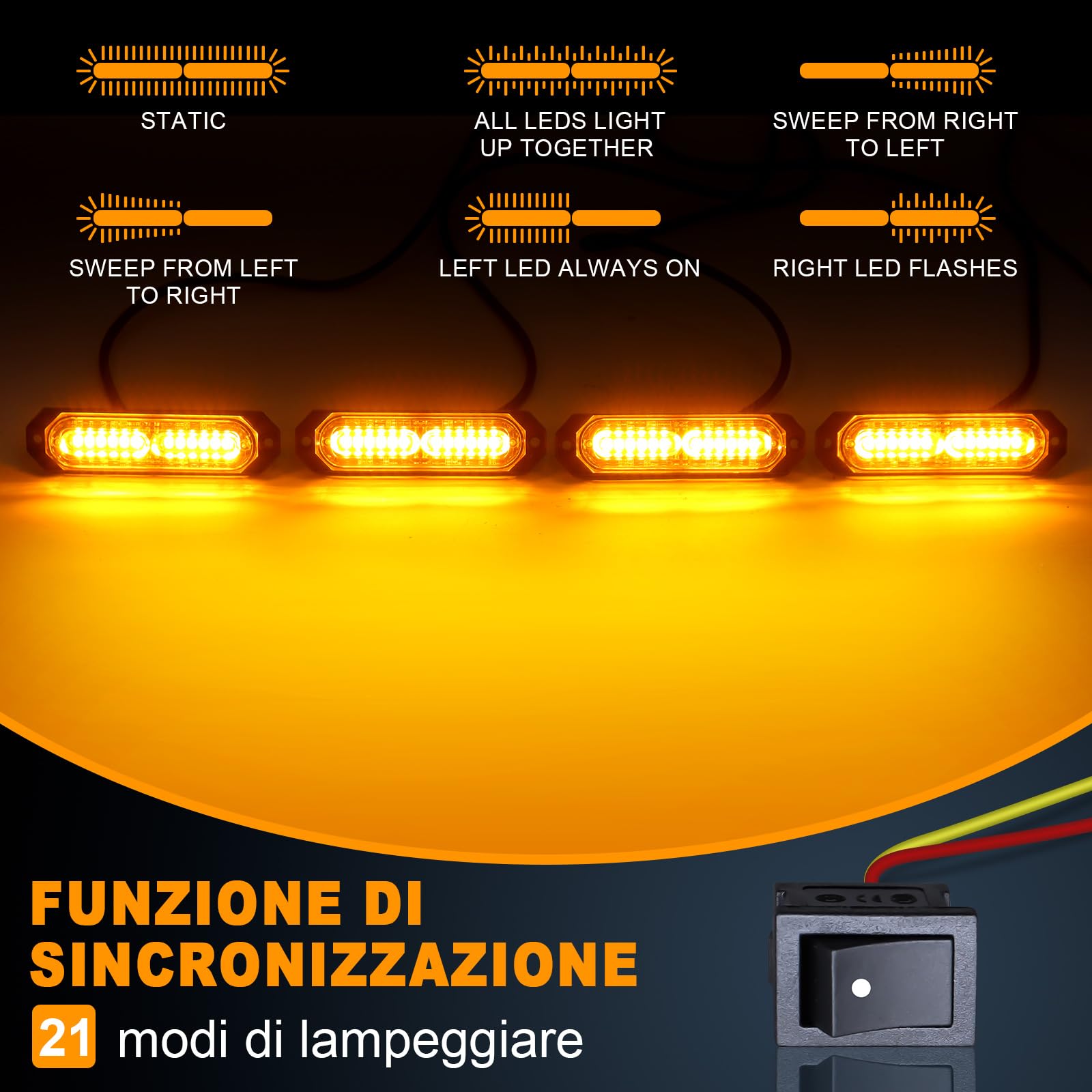 4 x 12 Led lampeggiatore arancione, 12v girofaro led 12v luce di avvertimento con 21 modalità stroboscopiche lampeggianti IP67 striscia di luce stroboscopica per camion trattore auto