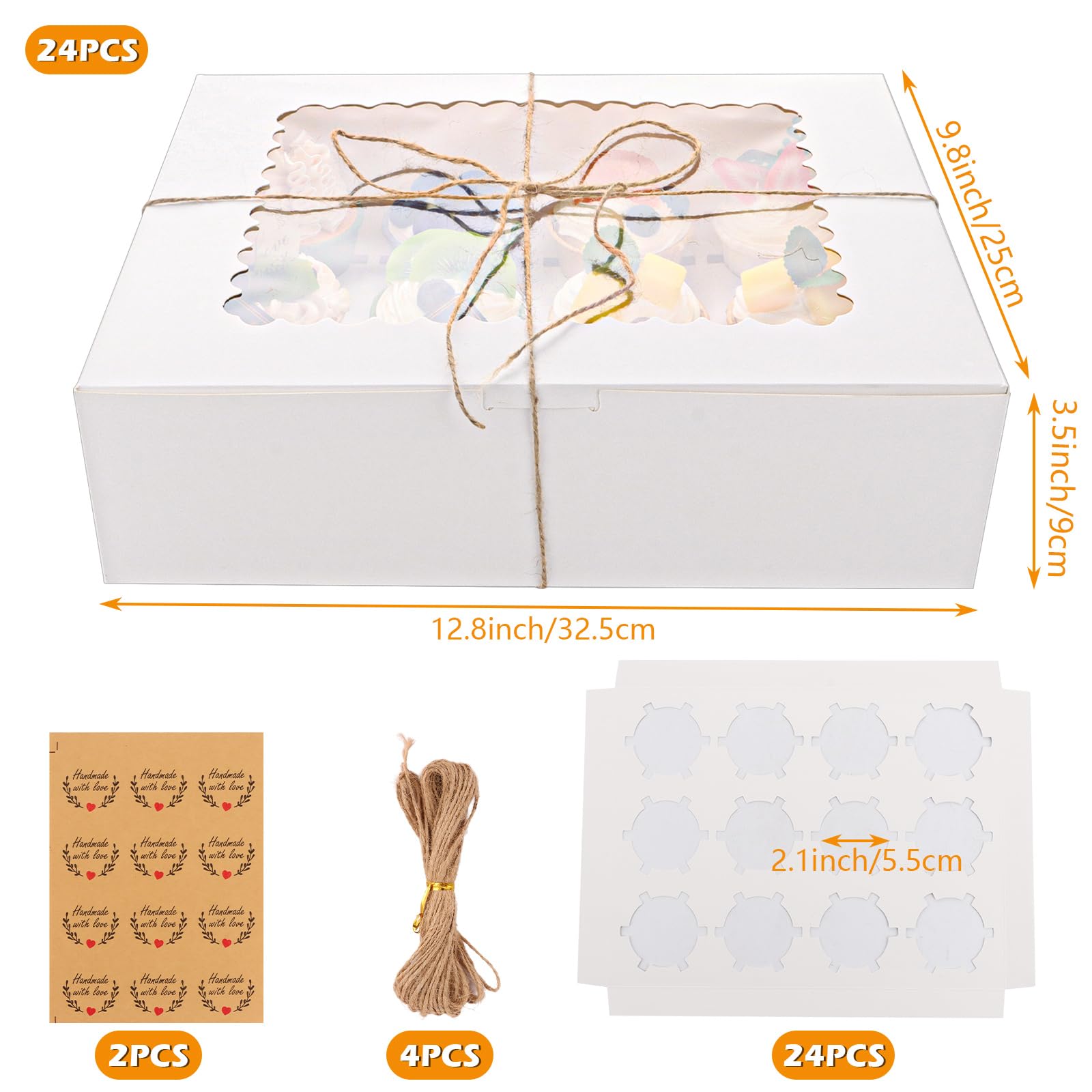 Confezione da 24 scatole per cupcake con 12 fori con finestra, 32 x 25 x 9 cm, scatole bianche per cupcake con spago e adesivi, porta cupcake con inserto per cupcake, biscotti, brownie,