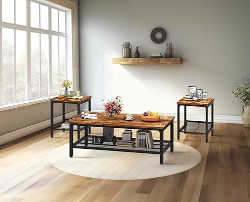 Miniatura 7 de DKLGG Juego de 3 mesas auxiliares, mesa auxiliar de madera vintage y 2 mesas auxiliares, mesa cuadrada moderna industrial para sala de estar, juego