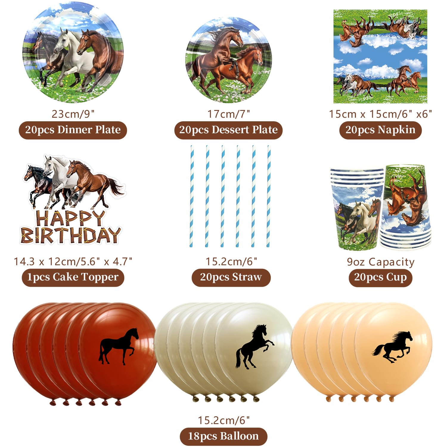 Décoration de Fête d'Anniversaire Cheval et Cowboy - Assiettes, Tasses, Serviettes, Nappe, Toile de Fond 'Happy Birthday', Ballons pour Gâteau