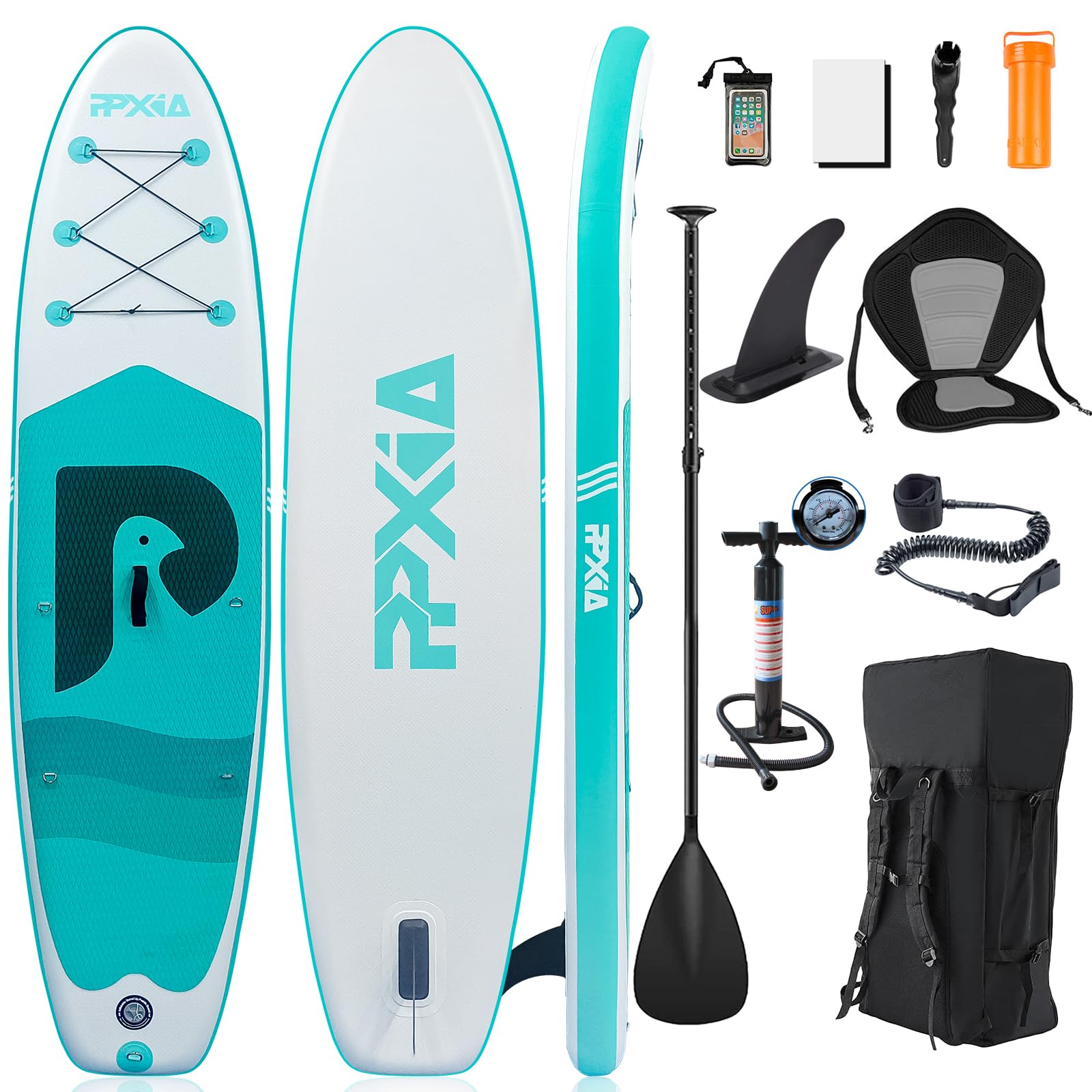Tabla de surf de remo con asiento, tabla de surf hinchable, capacidad de carga de hasta 200 kg, accesorios completos para principiantes y adultos, niños, 320 x 82 x 15 cm