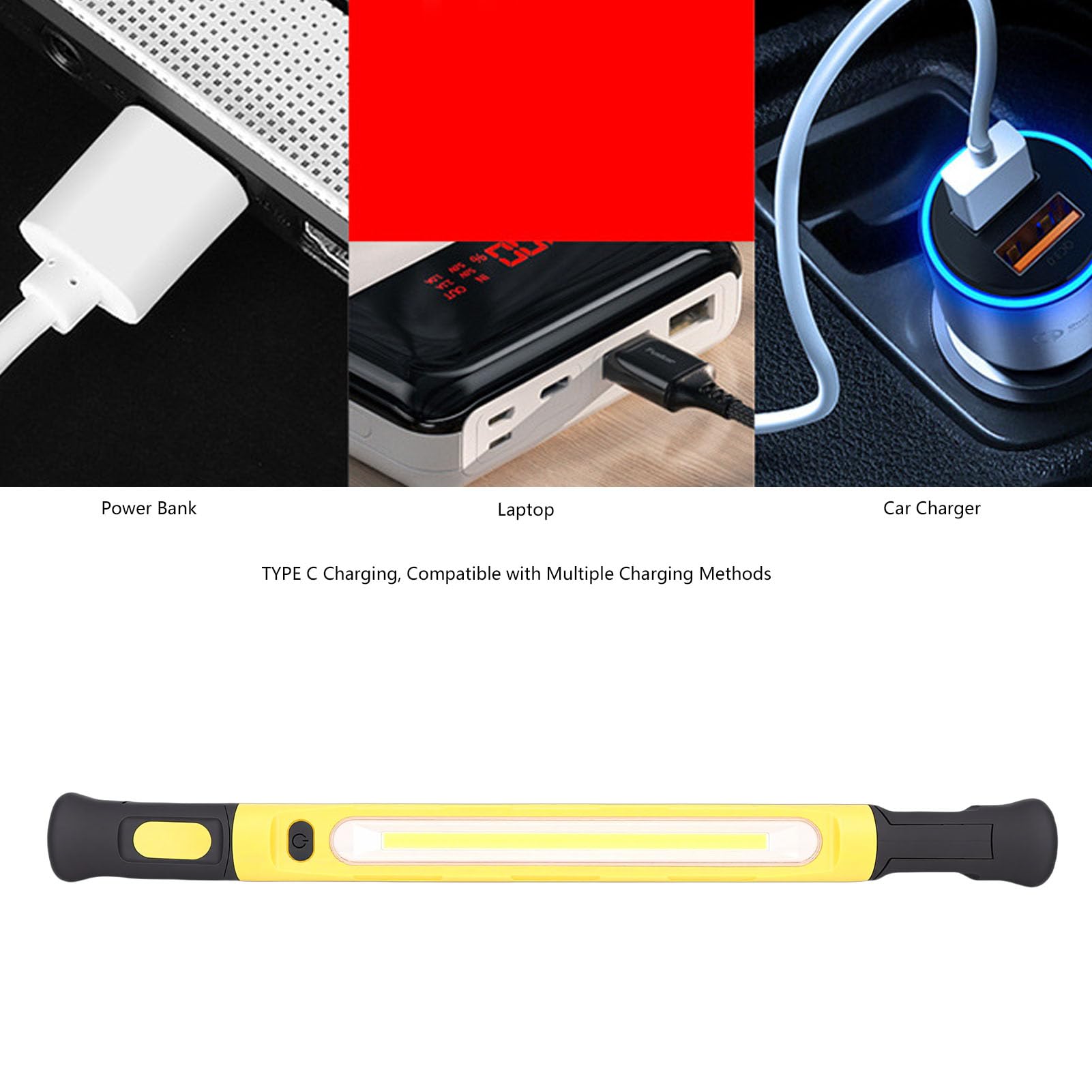 Lampada da Lavoro Magnetica, Barra Luminosa da Lavoro a LED Ricaricabile da 2000LM con Batteria da 5000mAh e Rotazione di 180 Gradi, per Ispezione Sottocofano Officina Garage (YELLOW)