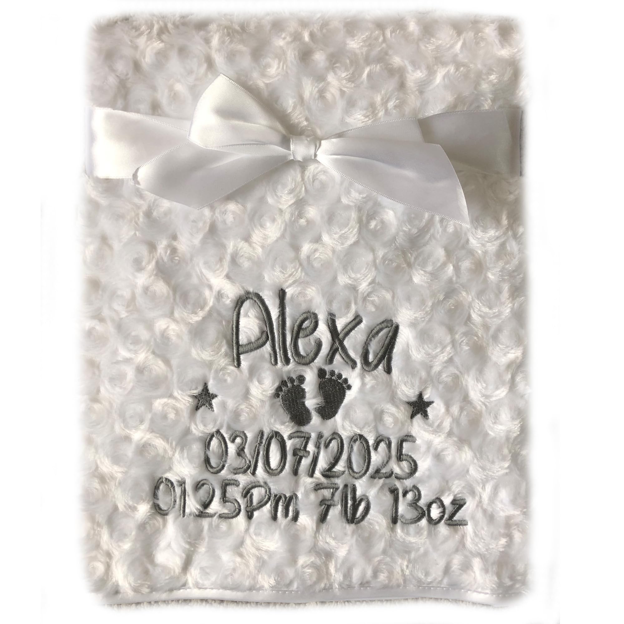Alwaystrusted Personalised Baby Blanket Luxury Rosebud Style White Soft Fleece with Silky Satin Edge 100cm x 75cm