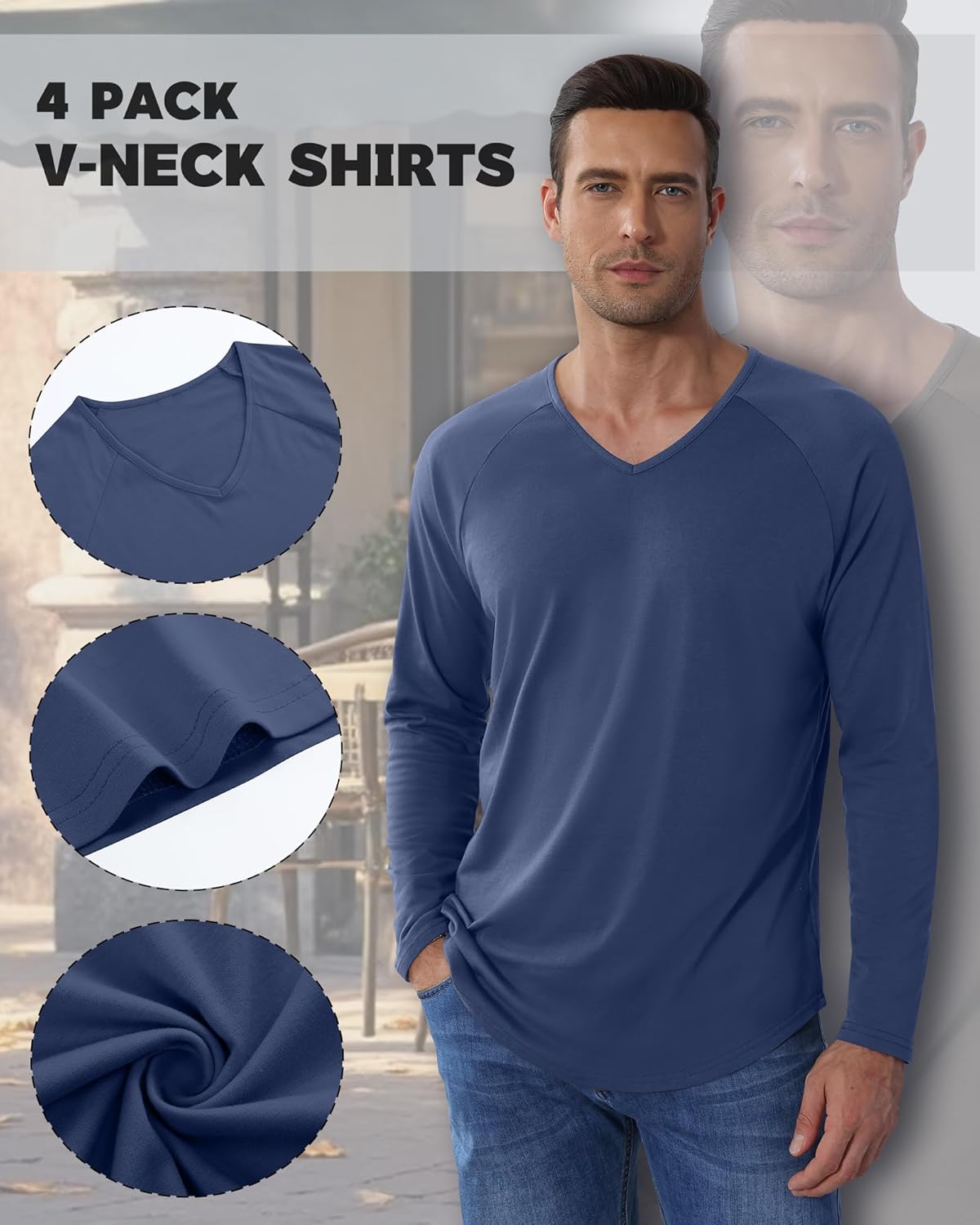 4 Pcs Mens Long Sleeve V Neck Shirts Raglan Sleeve Curved Hem Tees Lightweight Casual Basic Workout T Shirts - Image 6