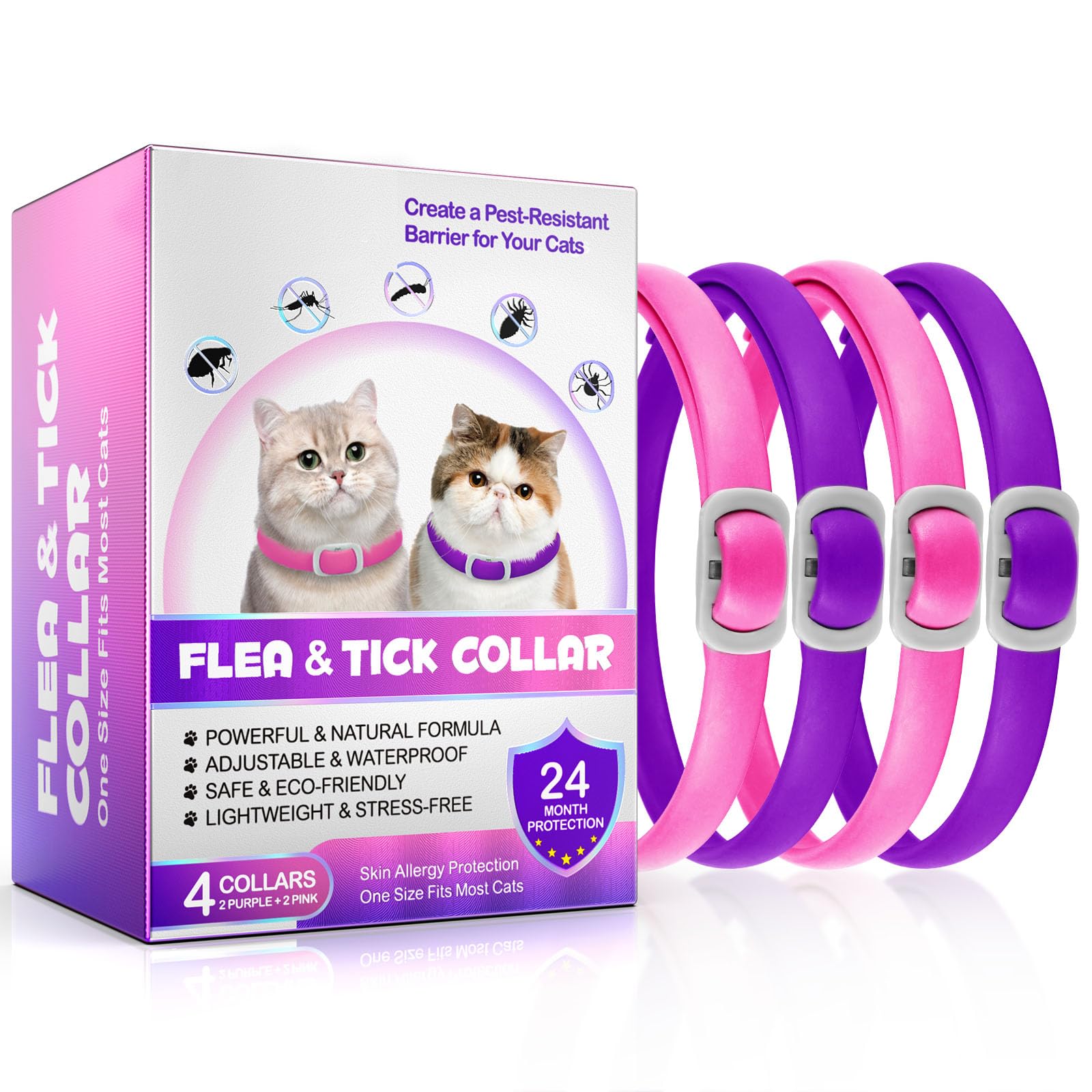 Collar for Cats, 4 Pack Collar for Kittens & Adult Cats, Adjustable & Waterproof Design (Purple/Pink)