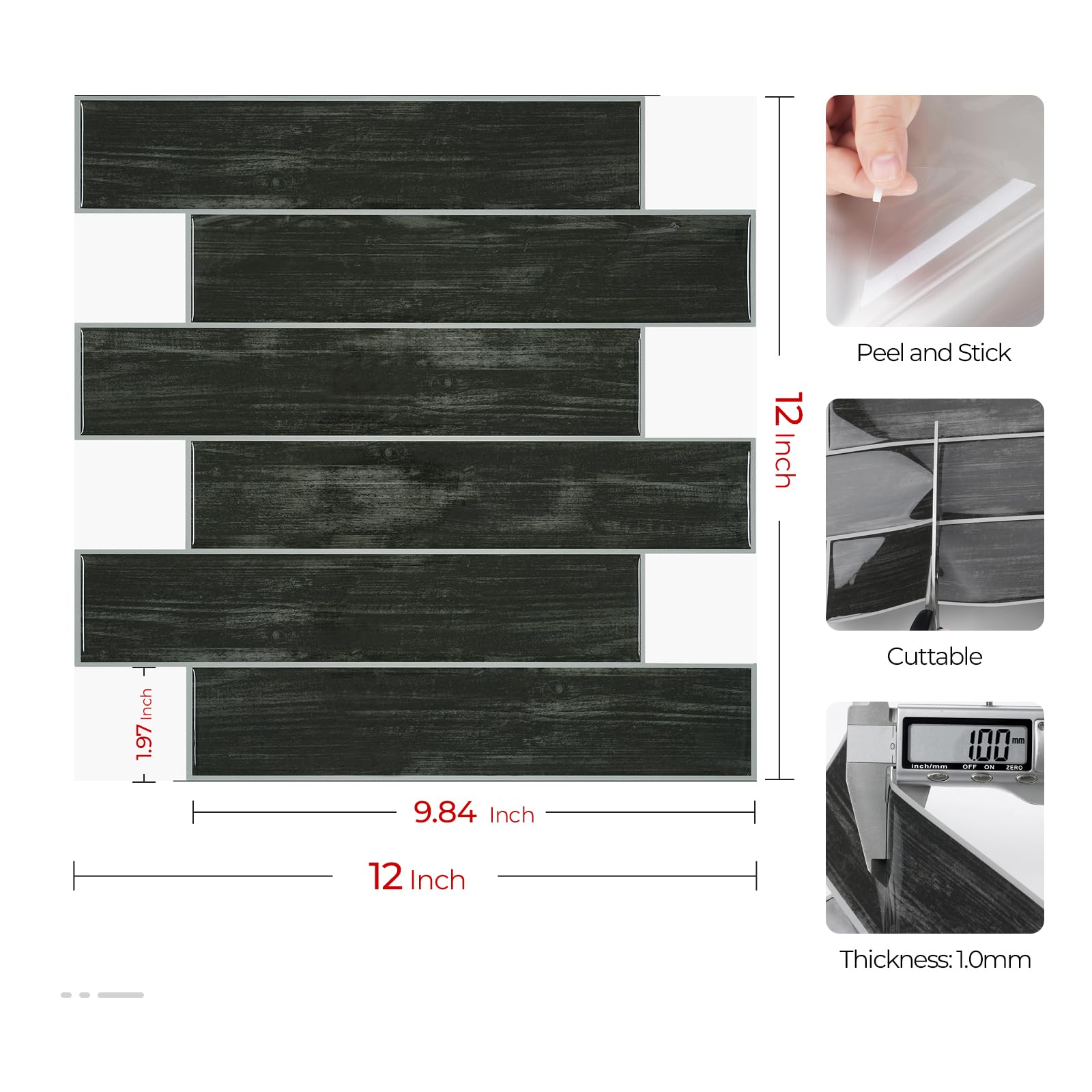 Livelynine Azulejos Adhesivos Baño 3D Impermeable Vinilos Cocina Azulejos Madera Negro 30x30CM 16 Losetas Azulejo Adhesivos Pared Negro Vinilos Adhesivo para Azulejo Paneles decorativos para Pared