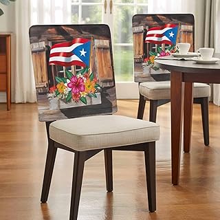 Chucoco 4 Pack Chair Back Covers, Puerto Rico Flag with Colorful Flowers Dining Room Chair Cover Washable Chair Slipcover Back Chair Protector for Holiday Party Kitchen Home Vintage Farm Barn