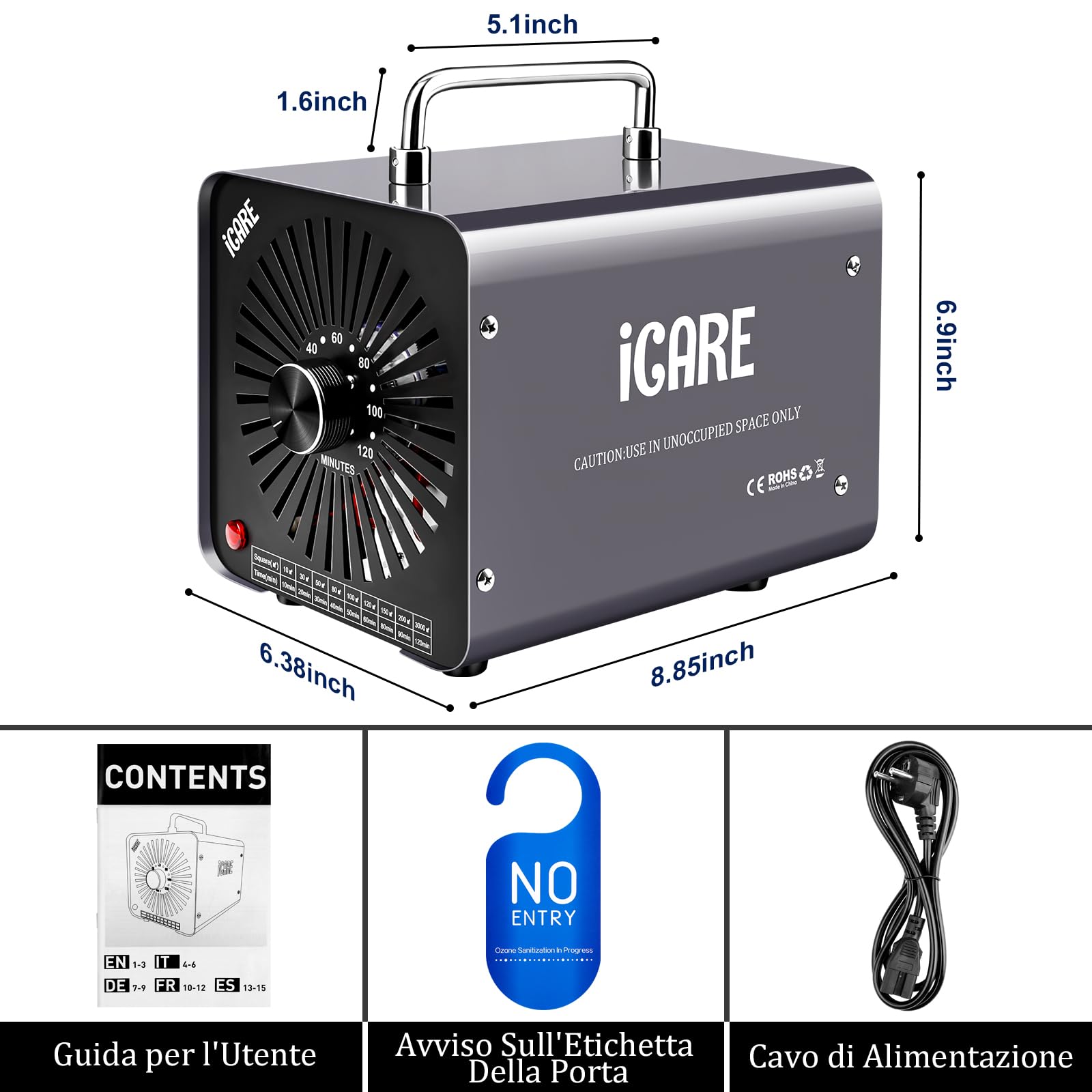ICARE Generatore di Ozono Professionale 30000mg/h, Purificatore d'Aria Deodorante per 300㎡, Macchina Ozono Alta Capacità O3 con Timer 120 Min, Ozonizzatore per Casa Ambienti, Auto, Uffici, Hotel
