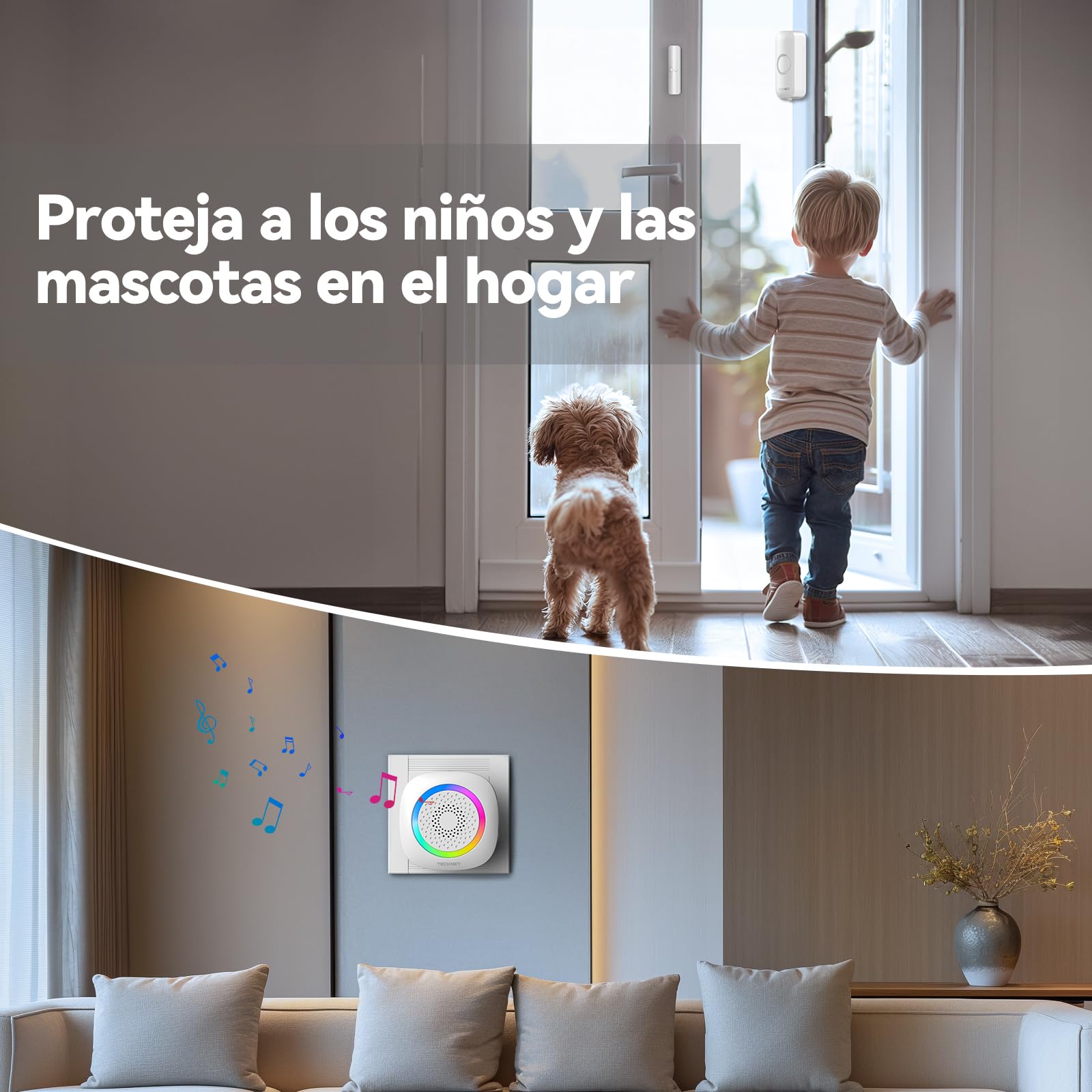 TECKNET Alarma Casa con Timbre Y Sensor Apertura Puerta Magnético, 2*Sensor | Alcance de 300m, 61 Melodías, Indicador RGB, Sistema de Seguridad para Hogar, Tienda u Oficina