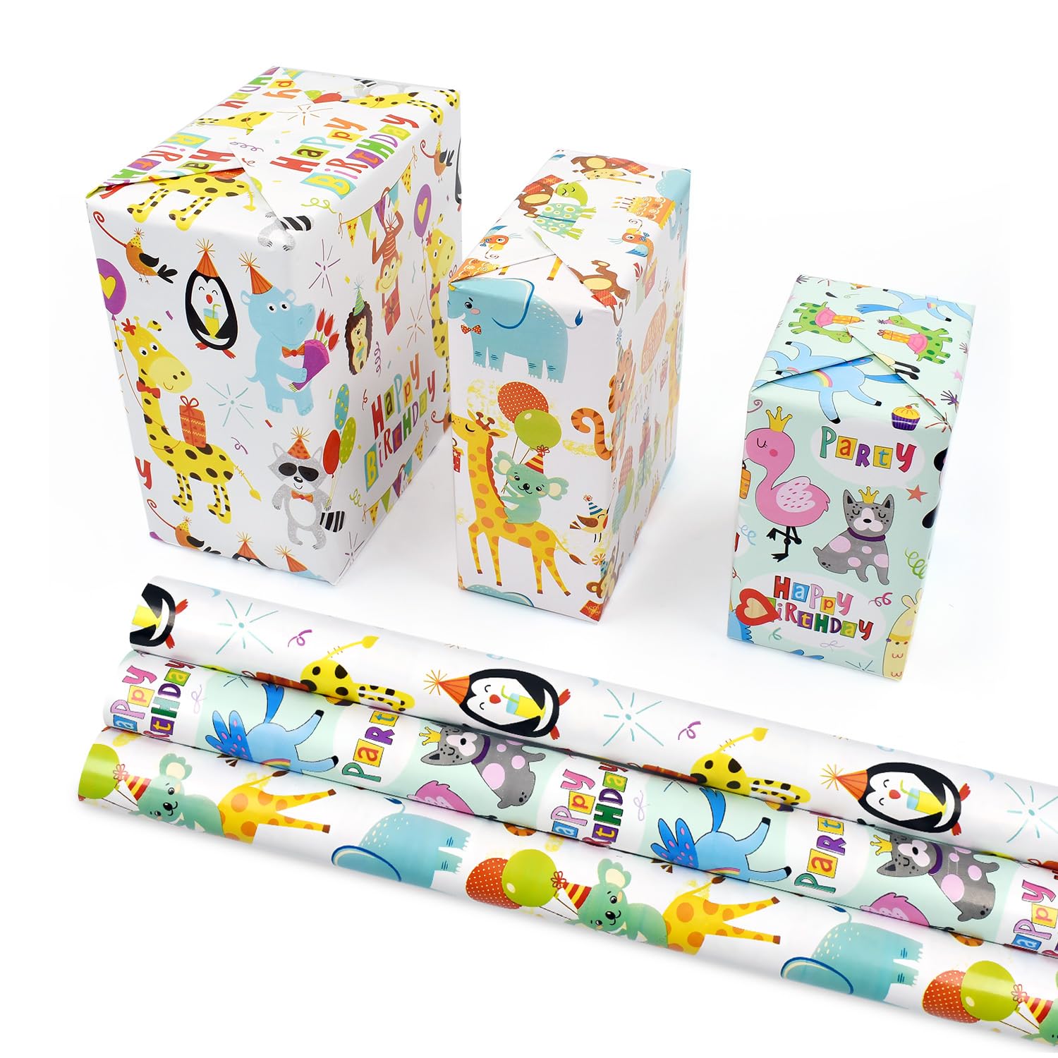 3 rollos de papel de regalo de animales de 17 pulgadas x 10 pies, papel de regalo de feliz cumpleaños reutilizable para niños, niñas y niños.