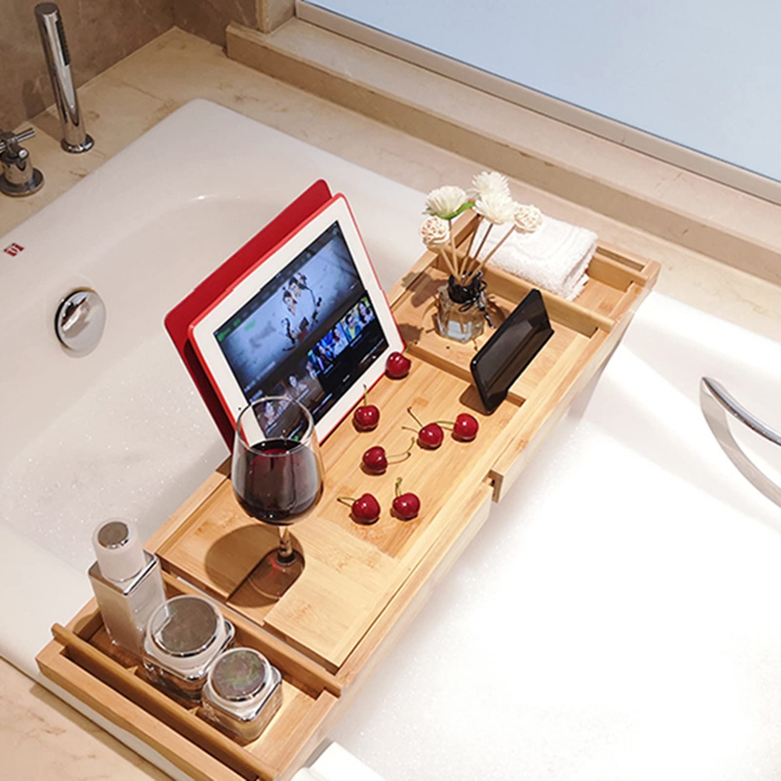 Bandeja de bambú para bañera con estante para libros de lectura/soporte para smartphone, ideal como regalo de spa