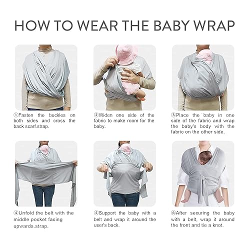 Miniatura 4 de Portabebés, portabebés ajustable para recién nacidos a niños pequeños, elástico original, bueno para bebés recién nacidos y niños (gris)