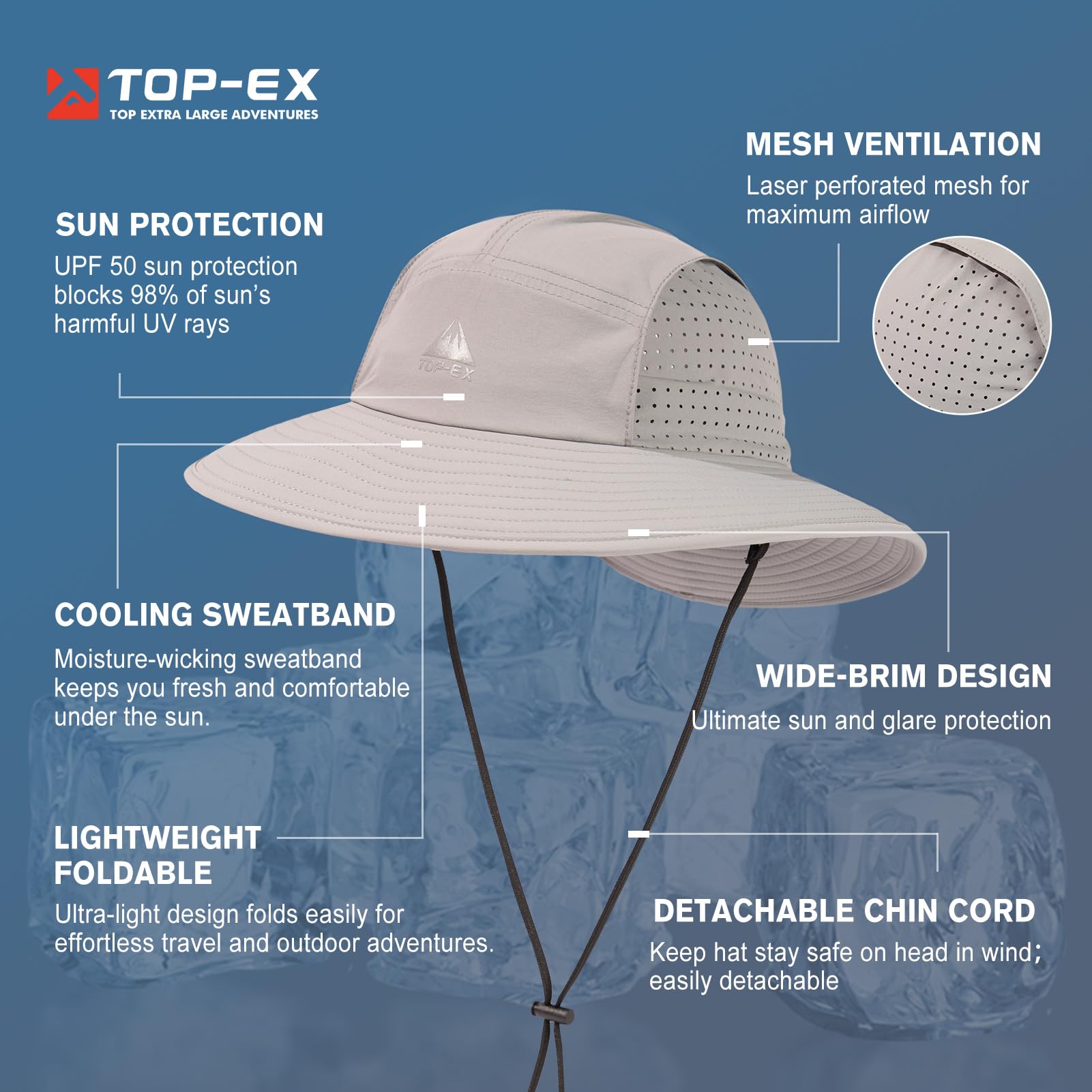 Top-Ex Breathable Oversized XL XXL Waterproof UPF50+ UV Protection Packable Fishing Sun Hats for Men Chin Strap