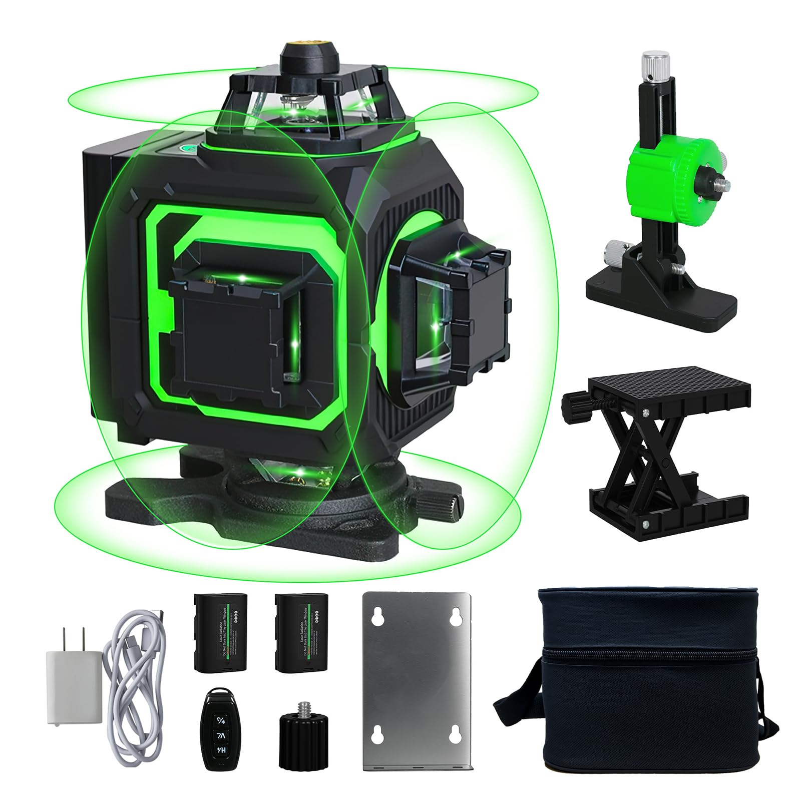 Traderight Green 4D Laser Level 360° Self-Leveling Line Tool With Remote Control, 16-Line Horizontal & Vertical Projection, Ip54, Adjustable Stand, 2×2400Mah Rechargeable Batteries