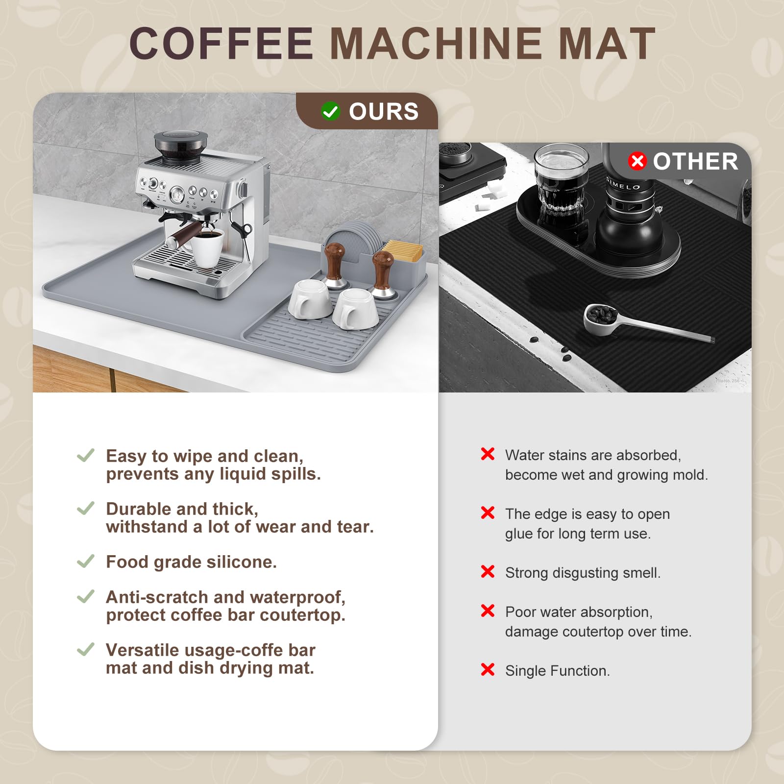 Alfombrilla de café de silicona con 6 posavasos, accesorios de barra de café de 24 x 16 pulgadas, cabe debajo de la cafetera, cafetera, máquina de espresso, tapete de secado de platos desmontable para