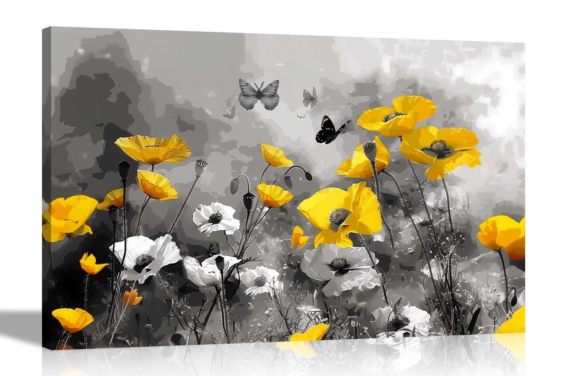 Artley Prints - Abstract Yellow Poppy Flowers and Butterflies Canvas Art Prints Bedroom Living Room Pictures Decor Artwork 76 x 50cm (30 x 20 inches)