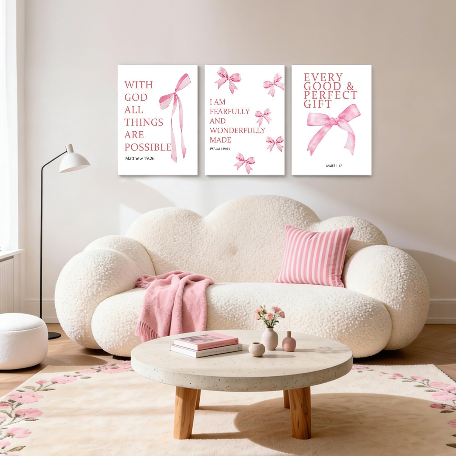NCCXNCC 3Pcs Pink Bow Canvas Wall Art Inspirational Bible Text Wall Decoration Artwork Soft Girlish Aesthetic Style Poster Print Image Suitable for Bedroom Dormitory Girl's Room Decor12x16Inch Framed