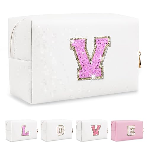 Miniatura 410 de Bolsa de maquillaje personalizada con inicial A-Z Preppy Patch, pequeña bolsa de cosméticos de PU con letra de chenilla y cierre para niñas Negro