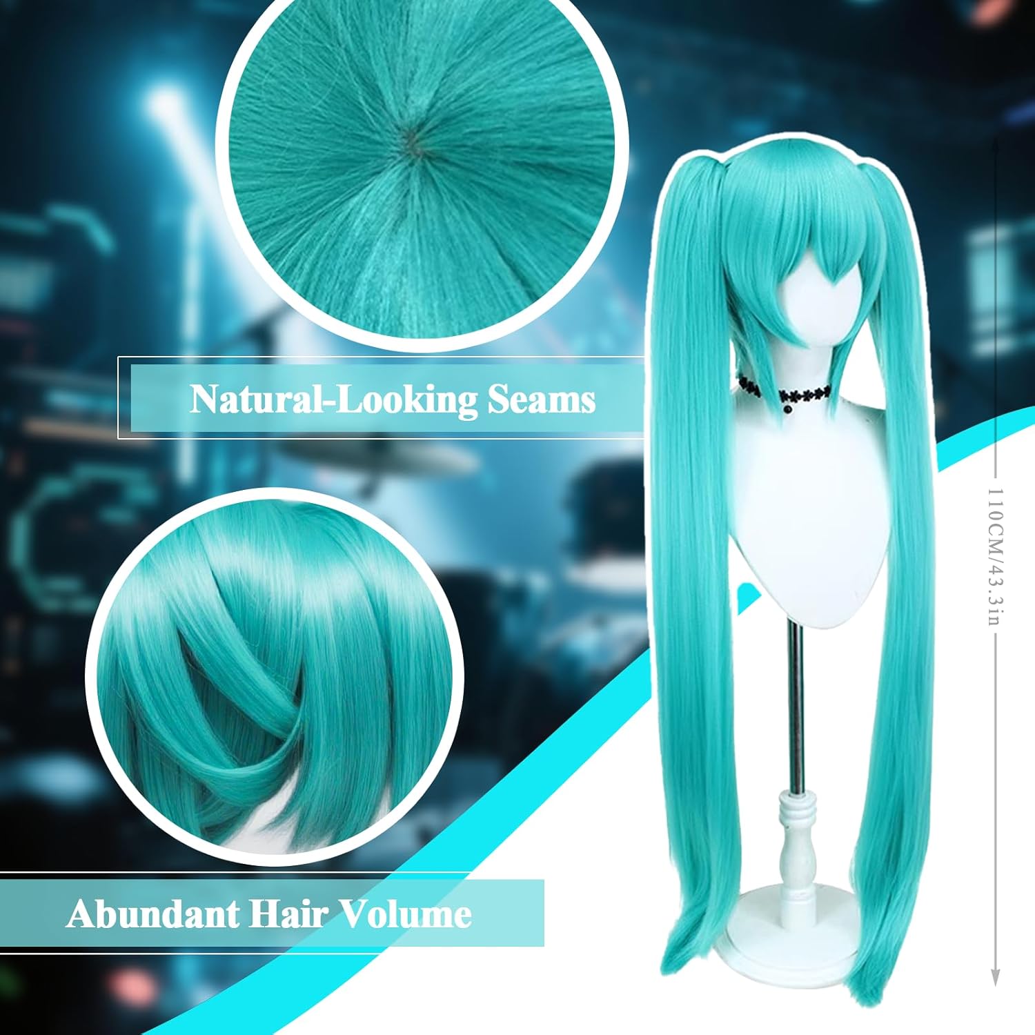 Cute Halloween Green Cosplay Wig, 2 Hair Caps+ Wig, Long Greenish False Hair with 2 Ponytails for Women, Long Straight Wigs with Bangs for Event for Women and Teen Girls - Image 5