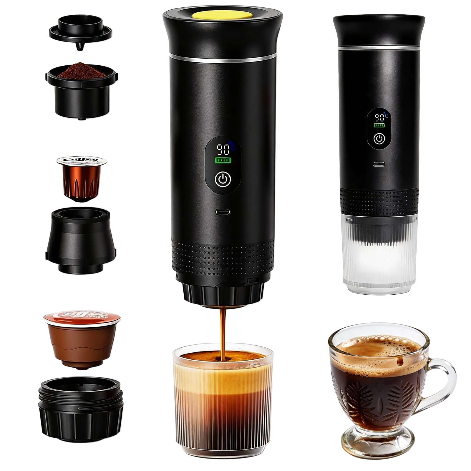 Machine à Cafe Portable, Cafetiere Portable Rechargeable, Auto-Chauffante Mini Expresso Machine à Café Capsules, Charge USB-C, Compatible avec Café Moulu et Capsules NS pour Camping, Voyages, VR