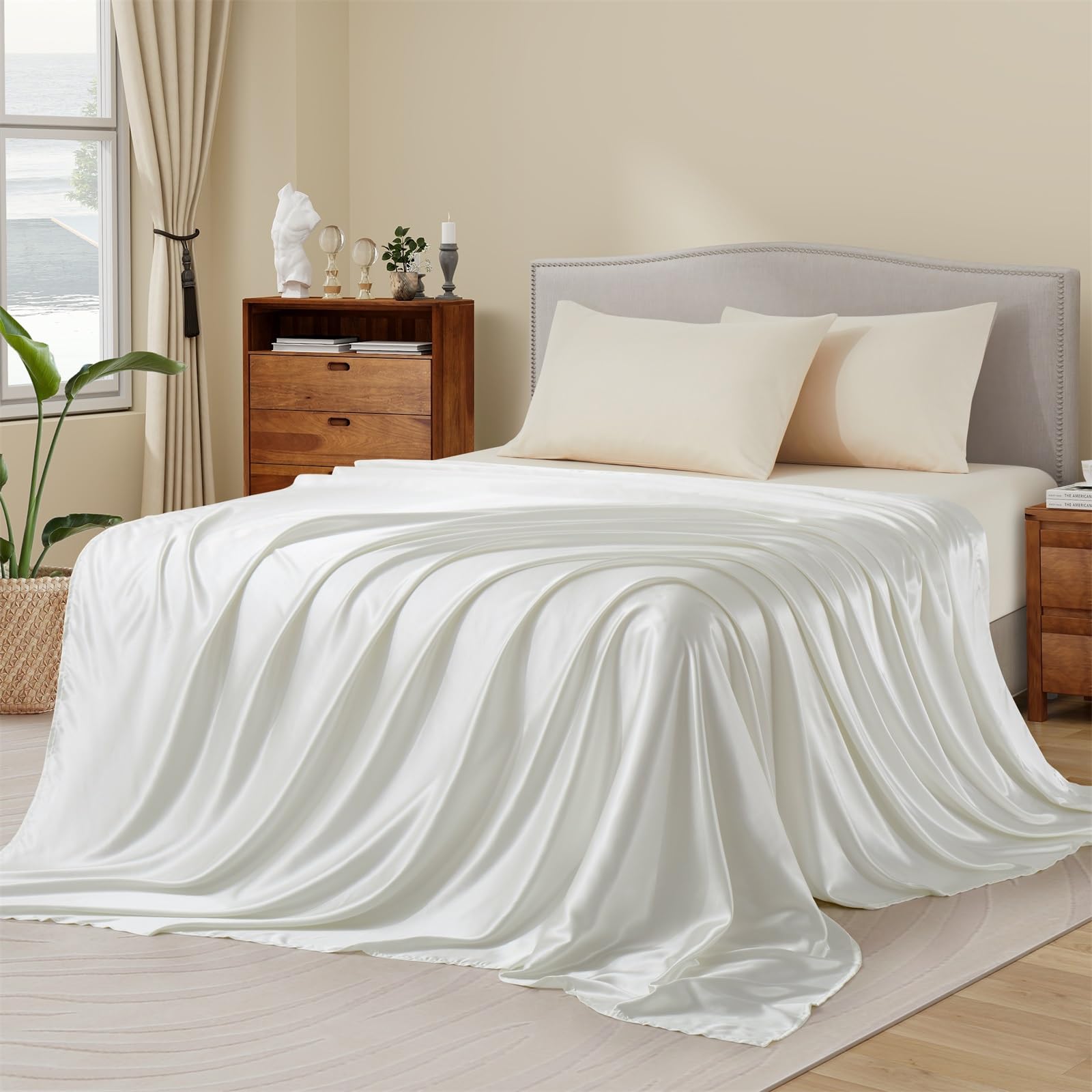 Ersmak Satin Flat Sheet Only, Single Flat Sheet King, Luxury & Ultra Soft Silky Bedding Top Sheet for King Mattress - Ivory White - Image 2