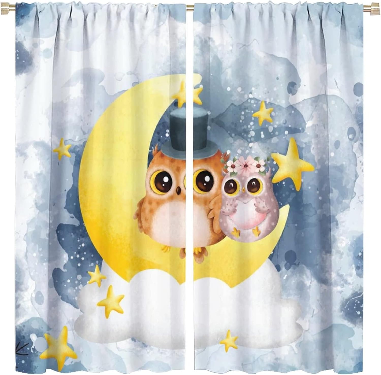Watercolor Cute Owl Rod Pocket Blackout Curtains - Abstract Owl Cartoon Cloud Moon Star Art Window Drapes Set Energy Saving Thermal Insulated Drapes for Living Room 2 Panels 84L x 42W