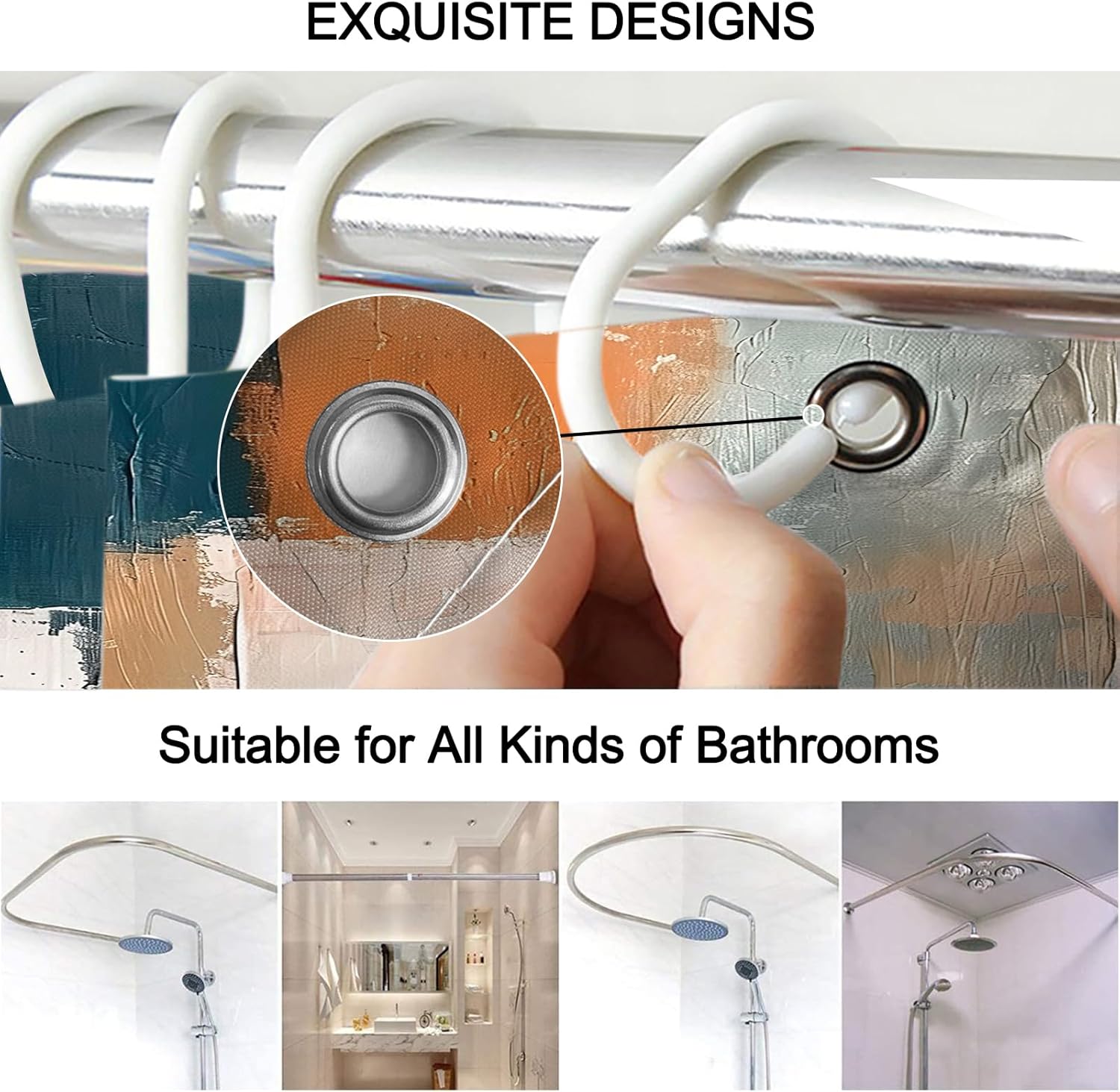 Lnond 4Pcs Bathroom Sets with Shower Curtain and Rugs, Blue Orange White Abstract Bathroom Shower Curtain Sets, Blue Orange Modern Art Bathroom Sets with Rugs and Accessories