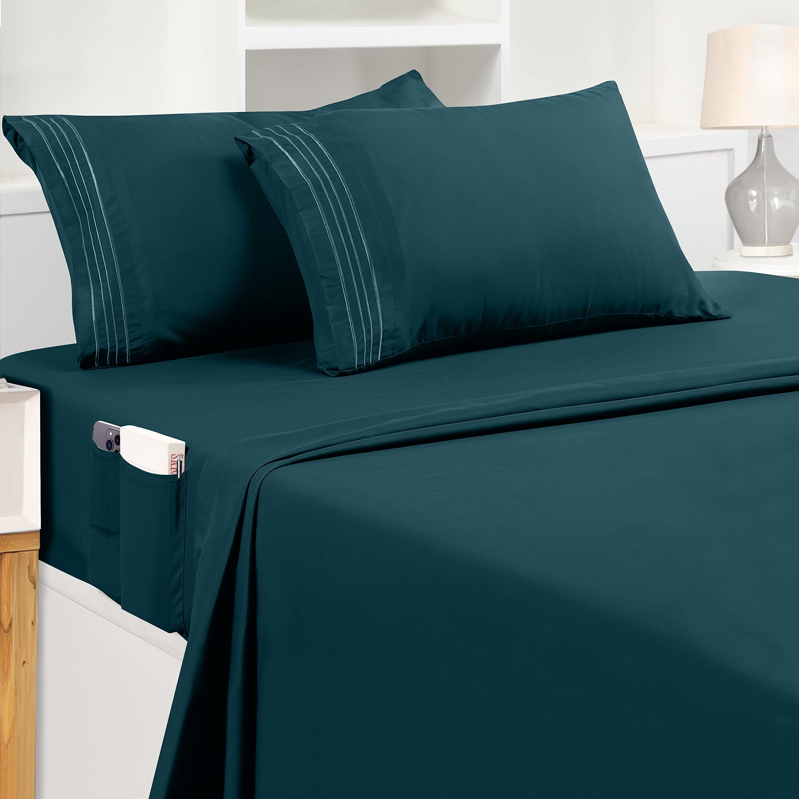 Utopia Bedding King Sheet Set – Soft Microfiber 4 Piece Luxury Bed Sheets with Deep Pockets - Embroidered Pillow Cases - Side Storage Pocket Fitted Sheet - Flat Sheet (Teal)