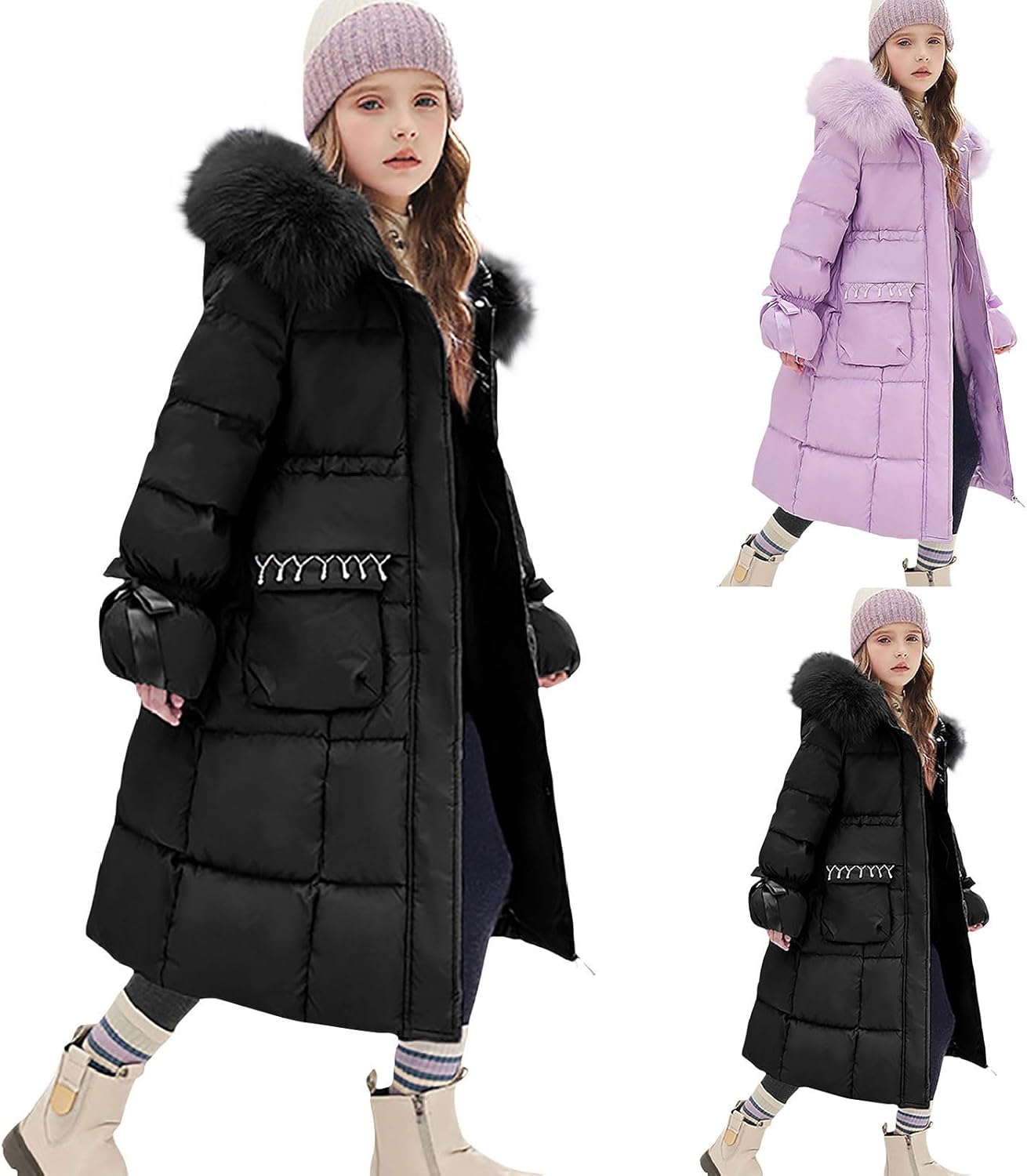 Girls Long Puffer Coat Winter Quilted Zip Up Faux 𝐅𝐮𝐫 Hooded Jacket Kids Waterproof Warm Outdoor Down Outerwear