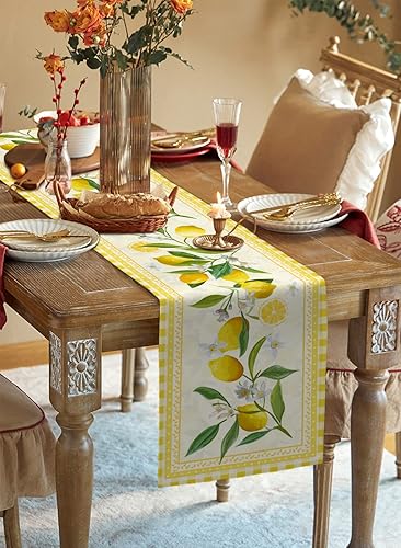 Miniatura 3 de Camino de mesa de cocina a cuadros de búfalo amarillo limón, acuarela de verano, decoración de granja de frutas y algodón, decoración de mesa para