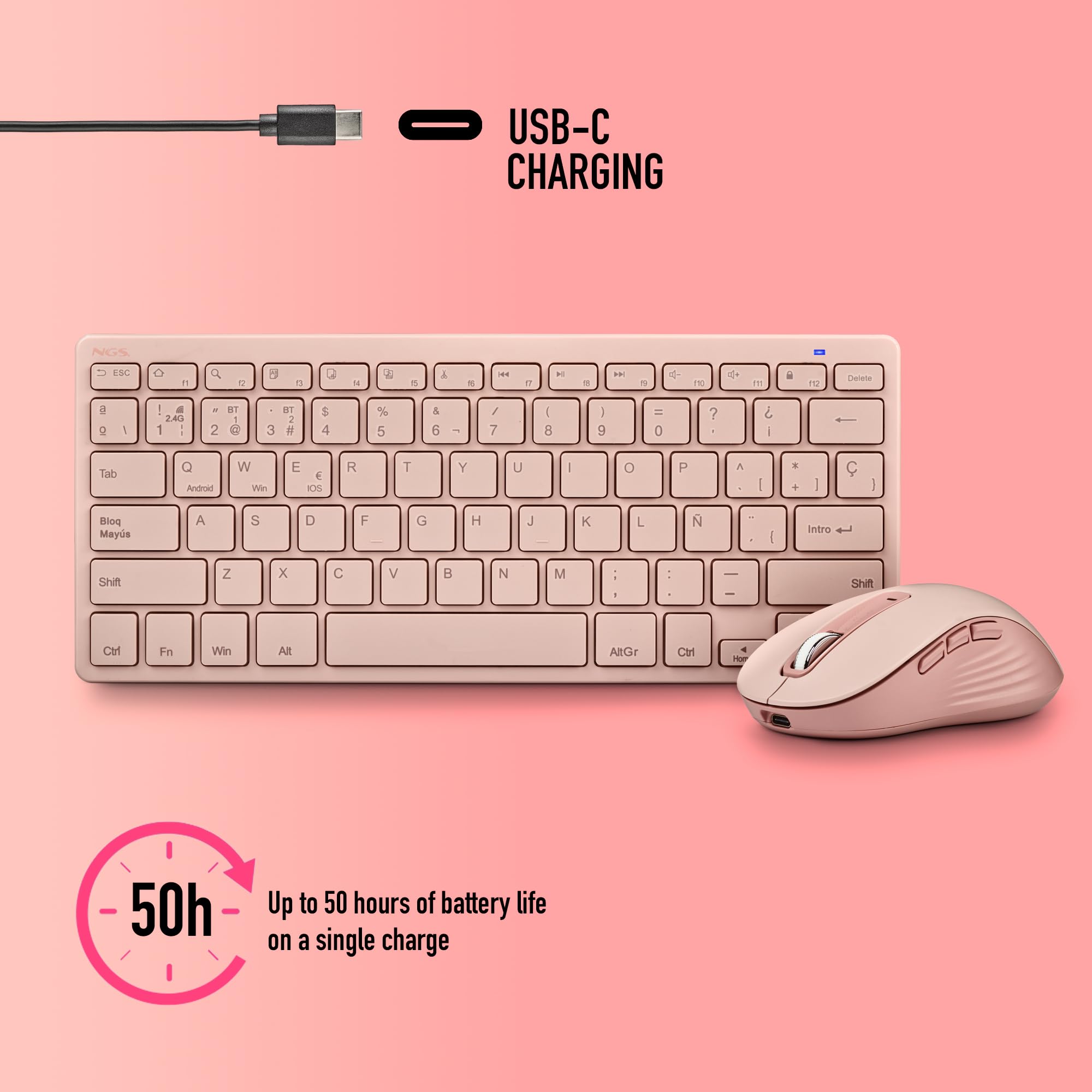 NGS Fantasy Kit Pink – Tastiera e mouse wireless spagnolo QWERTY, silenzioso ricaricabile, multimodalità 2.4 GHz e Bluetooth, 12 tasti multimediali, DPI regolabile, colore rosa
