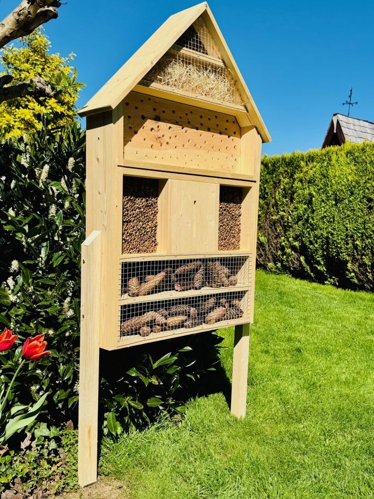 Casetta per insetti da giardino in legno, XXL per api selvatiche, in legno, con supporto, 110 x 79 x 16 cm (altezza x larghezza x profondità), per insetti, resistente alle intemperie, 6 piani
