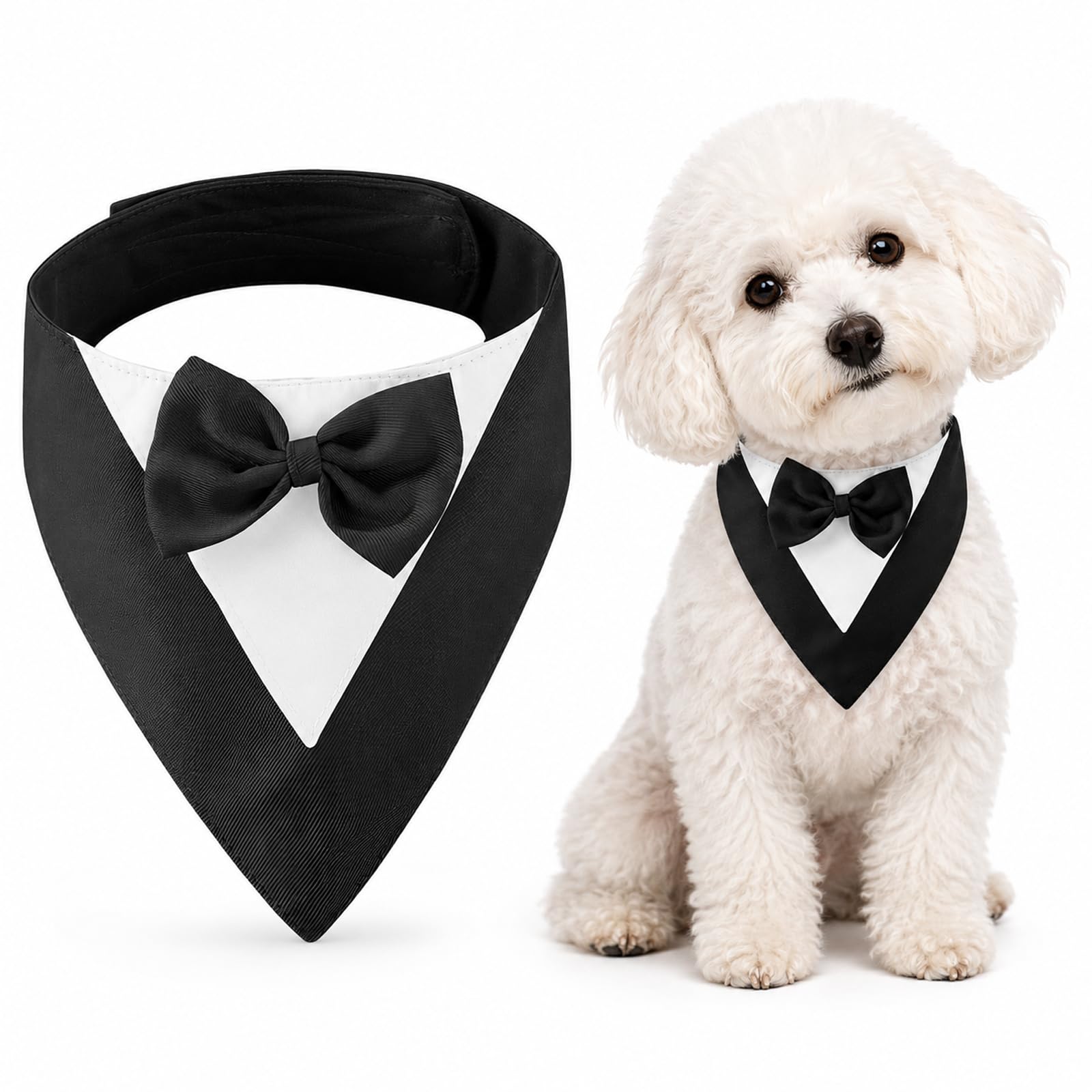 Dog Tuxedo Bandana with Bow Tie – Adjustable Formal Outfit for Small Dogs