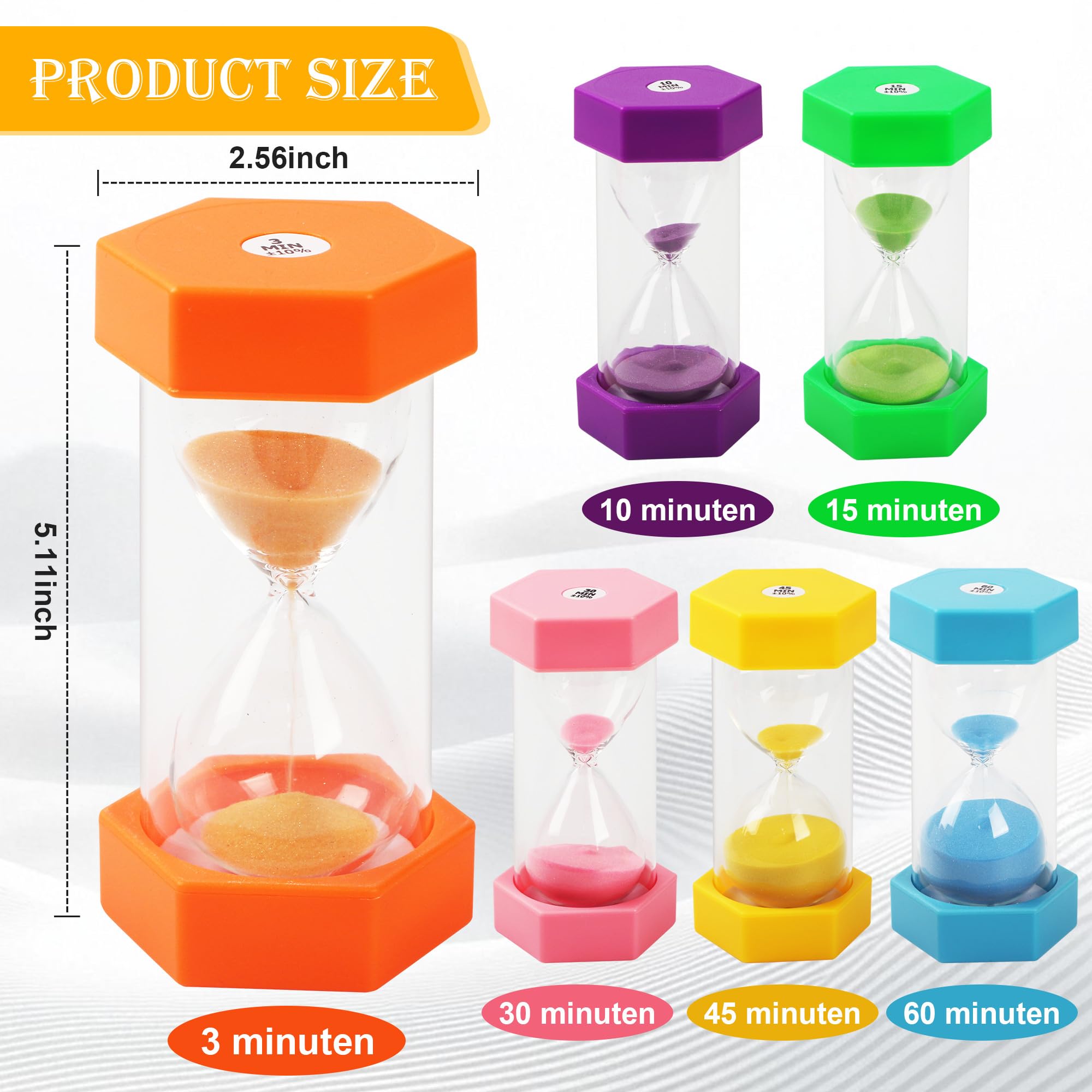 Set di clessidre per bambini - Set con 30 secondi, 1, 2, 3, 4, 5, 10 minuti - Clessidre colorate per il gioco e l'apprendimento (40 articoli,5 minuti