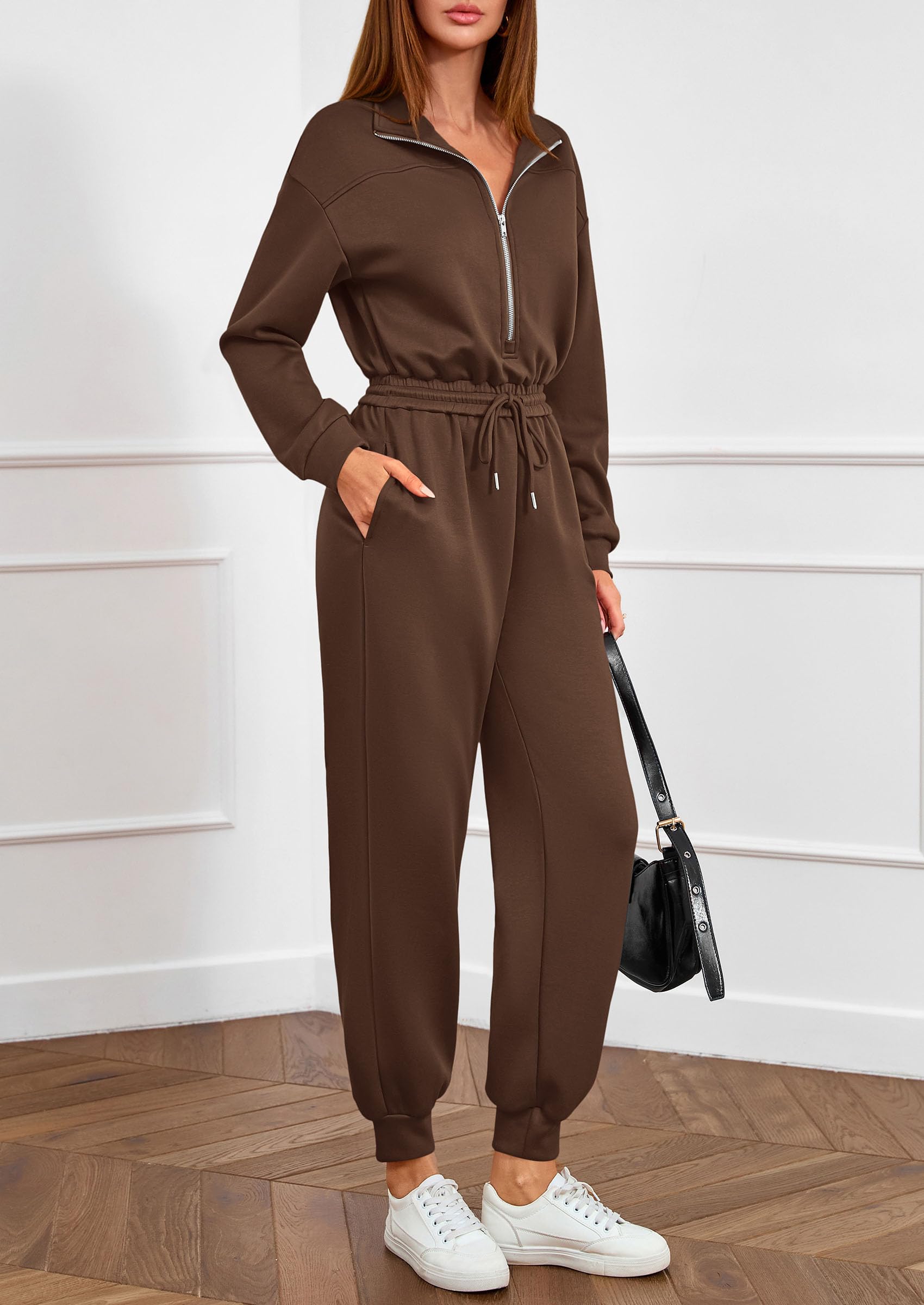 PRETTYGARDEN Long Sleeve Jumpsuits for Women Casual 2025 Fall Fashion Zip Up Pant Rompers One Piece Sweatsuits Travel Outfits