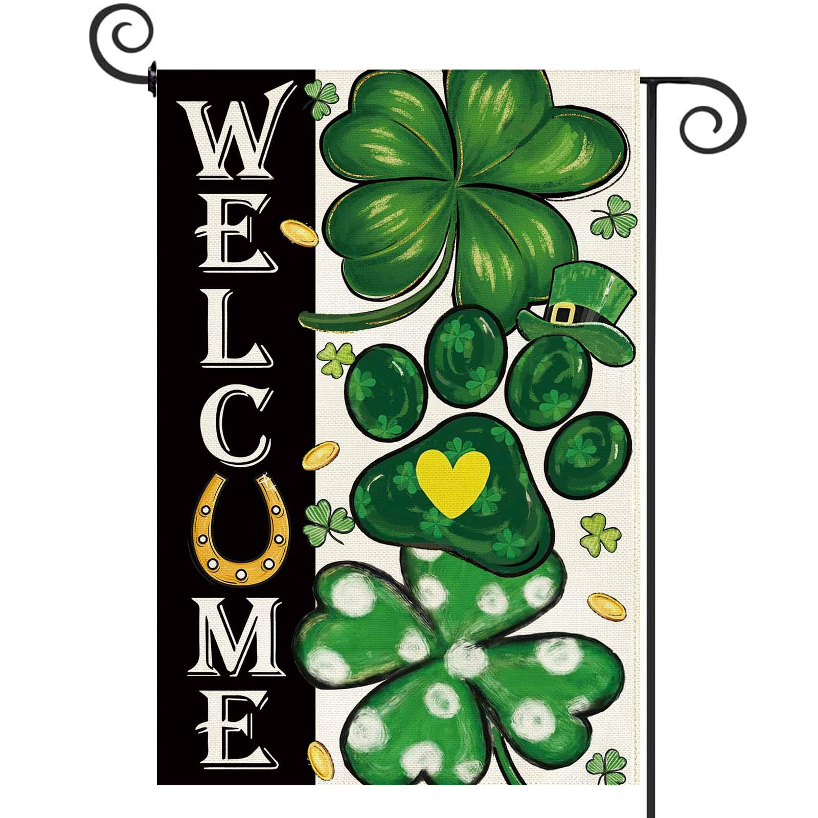 Drapeau de jardin double face résistant aux intempéries avec trèfle vert de bienvenue