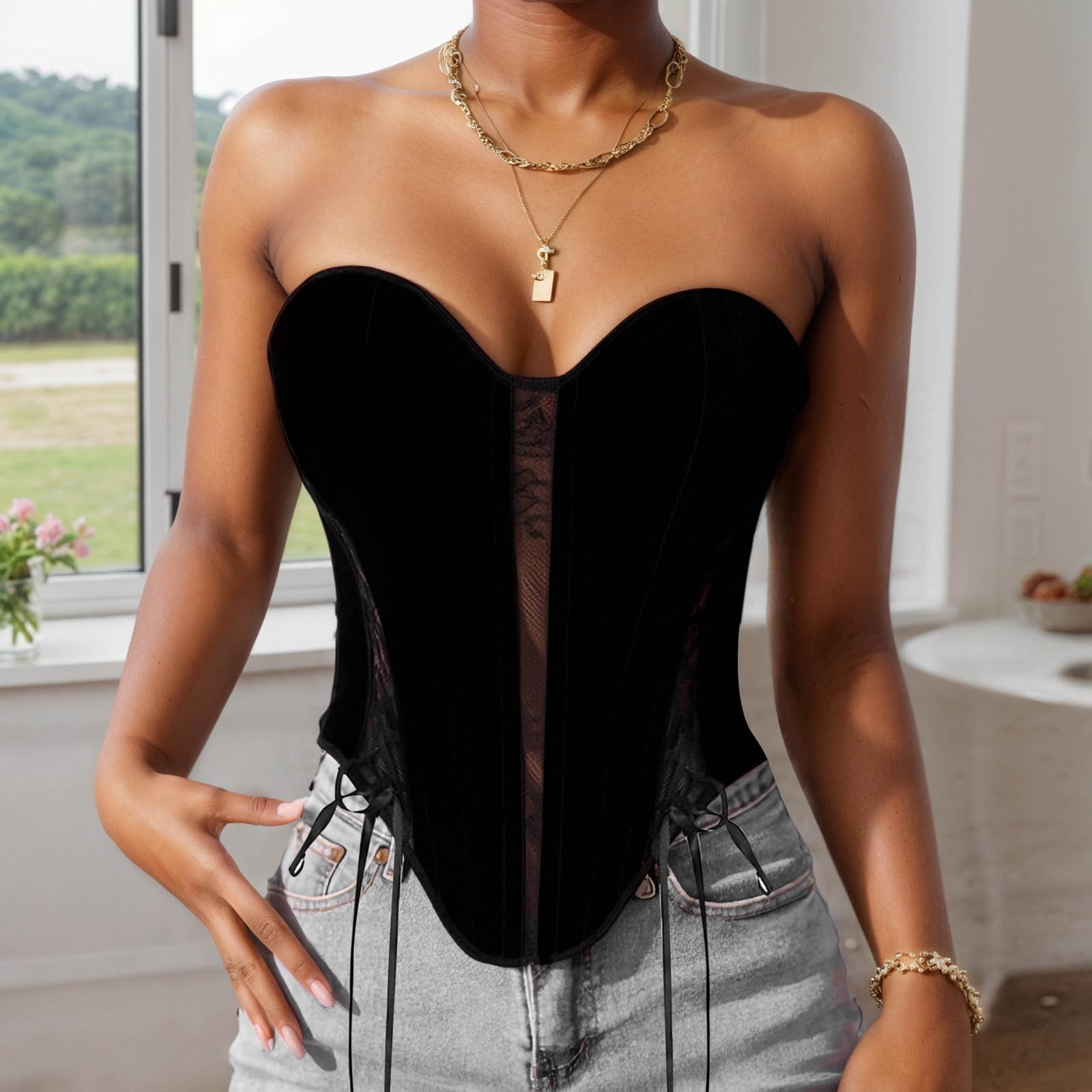 Corsetto da donna in velluto, pizzo e rete con stecche in acciaio