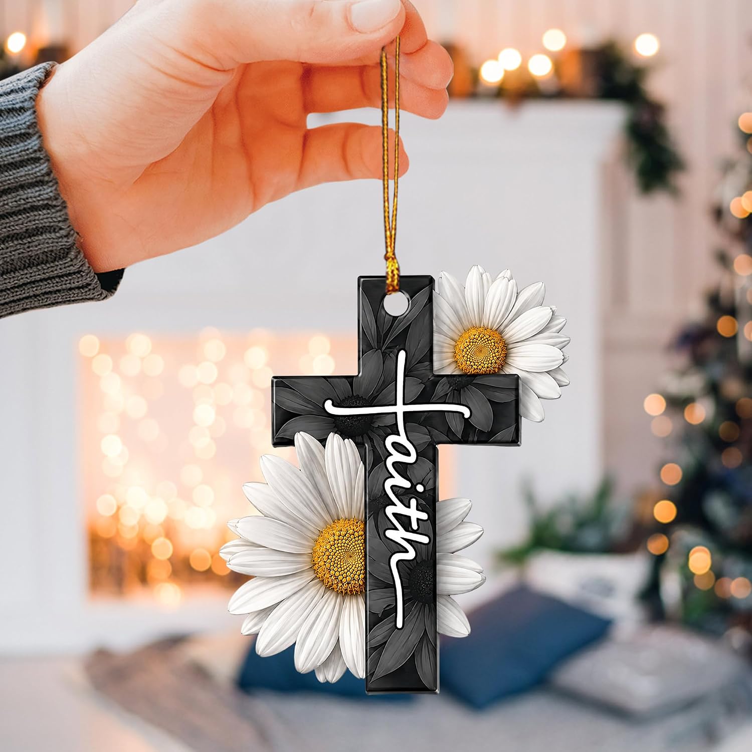 Talataca Christian God Jesus Cross Faith White Daisy Flower 2D Flat Car Rear View Mirror Accessories Christmas Tree Ornament Decoration Hanging Charm Interior Rearview Pendant Decor Gift image 5