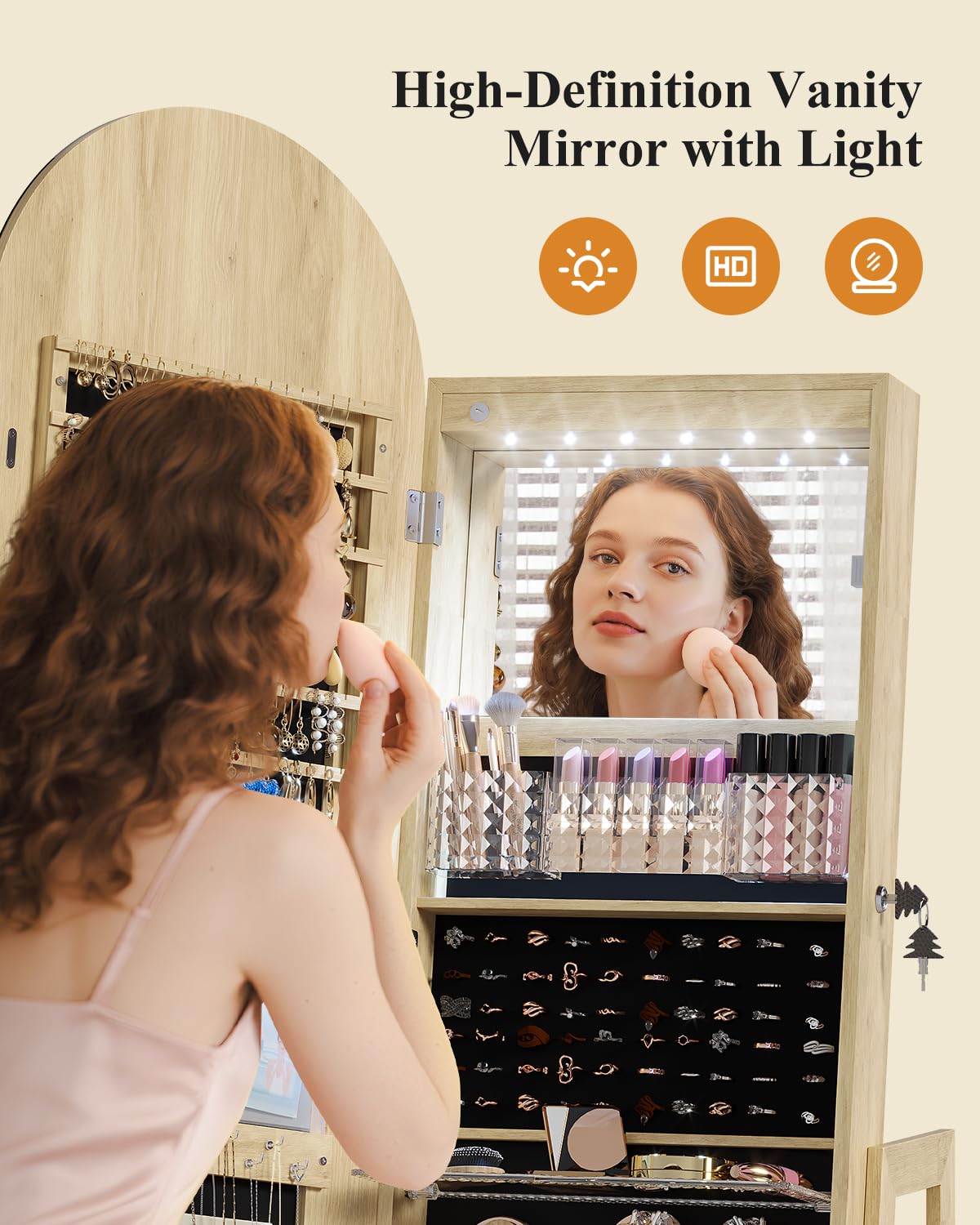 LVSOMT Espejo Joyero de Pie LED 360° Giratorio con 3 Luces Colores Bloqueable Madera