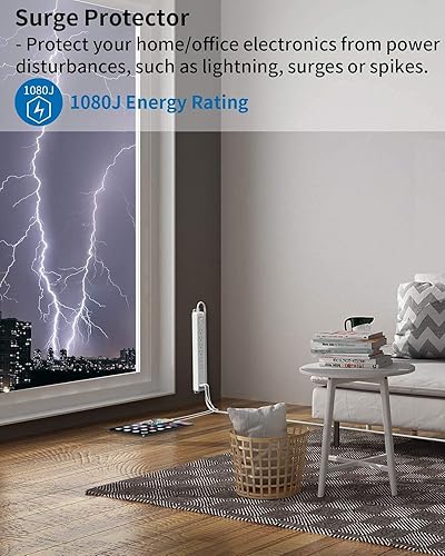 Miniatura 3 de NTONPOWER - Tira de alimentación con protector de sobretensiones, cable largo de enchufe plano con USB, cable de extensión de 25 pies, estación de