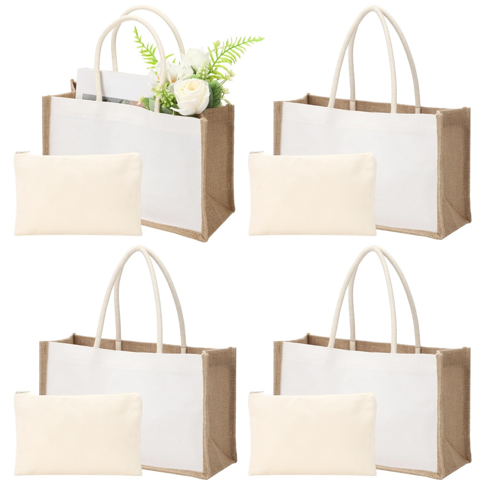 4 zestawy DIY Craft puste torby na ramię, jutowe jutowe 30 x 20 x 12 cm z płóciennymi woreczkami do makijażu, torby wielokrotnego użytku