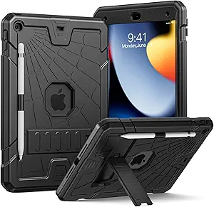Sibeitu Case for iPad 9th Generation 10.2 Inch 2021 with Pencil Holder, Rugged Shockproof iPad 8th 7th Case 2020 2019 with Kickstand, Heavy Duty Protective Cover for Kids Boys Girls l Black