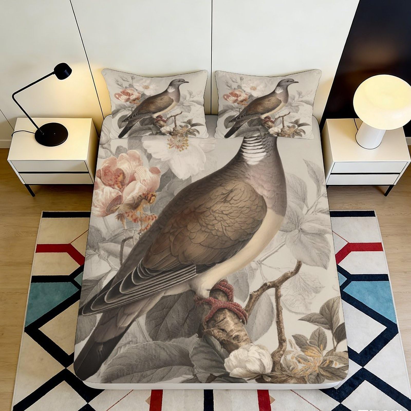 Elegant bird motif 3D Printed Fitted Sheet, Microfiber soft touch, wrinkle resistant, bedroom decor, apartment bedding, anti-slip 90x200x25cm